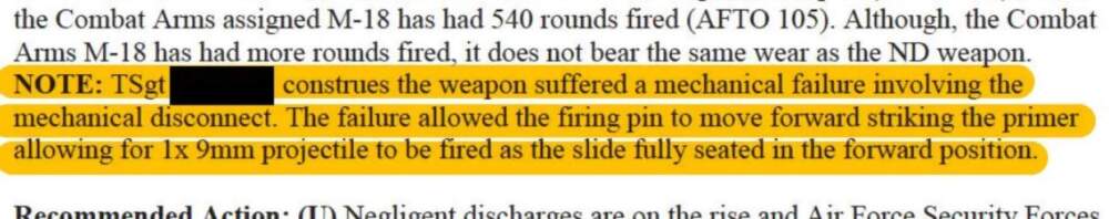 A report by a squadron commander determined that a "mechanical failure" caused an M18 to discharge on a base in Italy. No one was injured in the incident. (Air Force After Action Report, Dated Feb. 8, 2022.)
