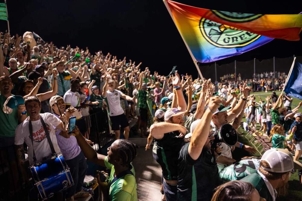 Fans cheer during Vermont Green FC's national championship game at Virtue Field in Burlington on Aug. 2, 2025. (Brian Stevenson/Vermont Public)