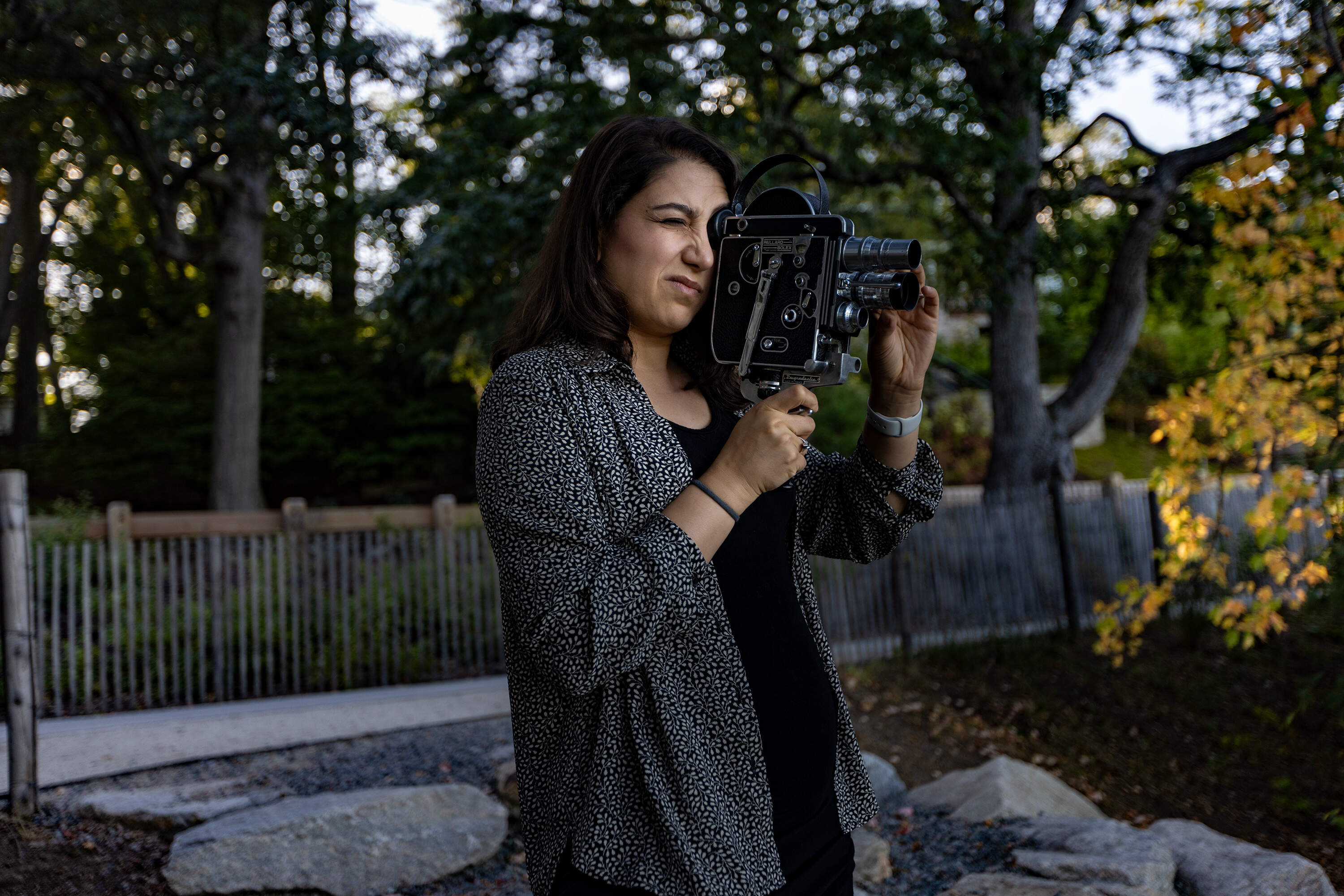 Sarabi films at Crystal Lake in Newton for her latest project. (Jesse Costa/WBUR)
