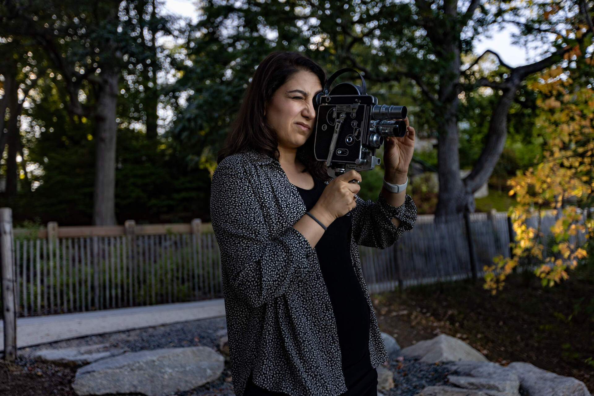 Filmmaker Homa Sarabi filming at Crystal Lake in Newton for her latest project. (Jesse Costa/WBUR)