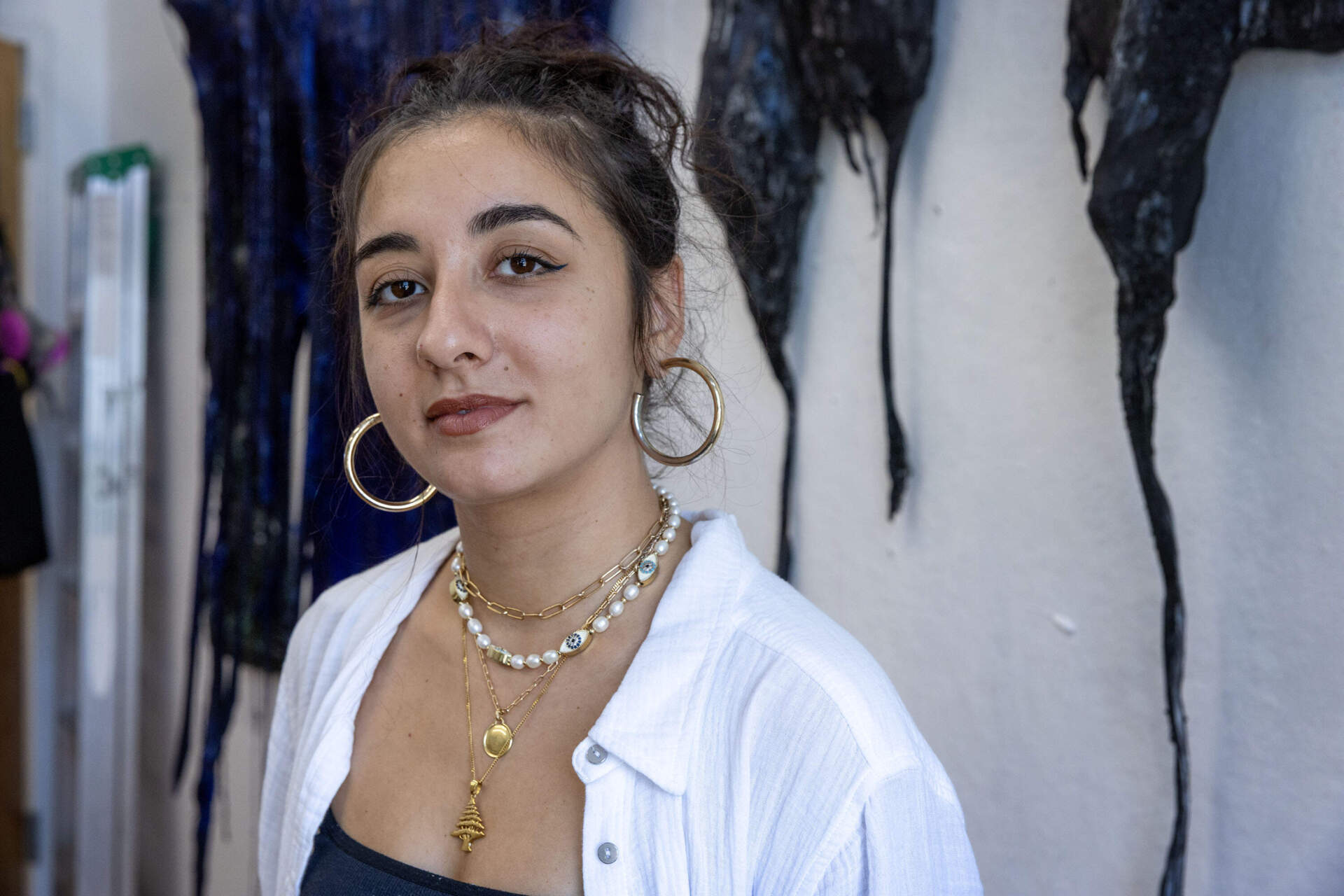 Artist Joanajian in her STUDIO IN ARER STUDIO IN SERERVILLE. (Robin lubbock / wbur)