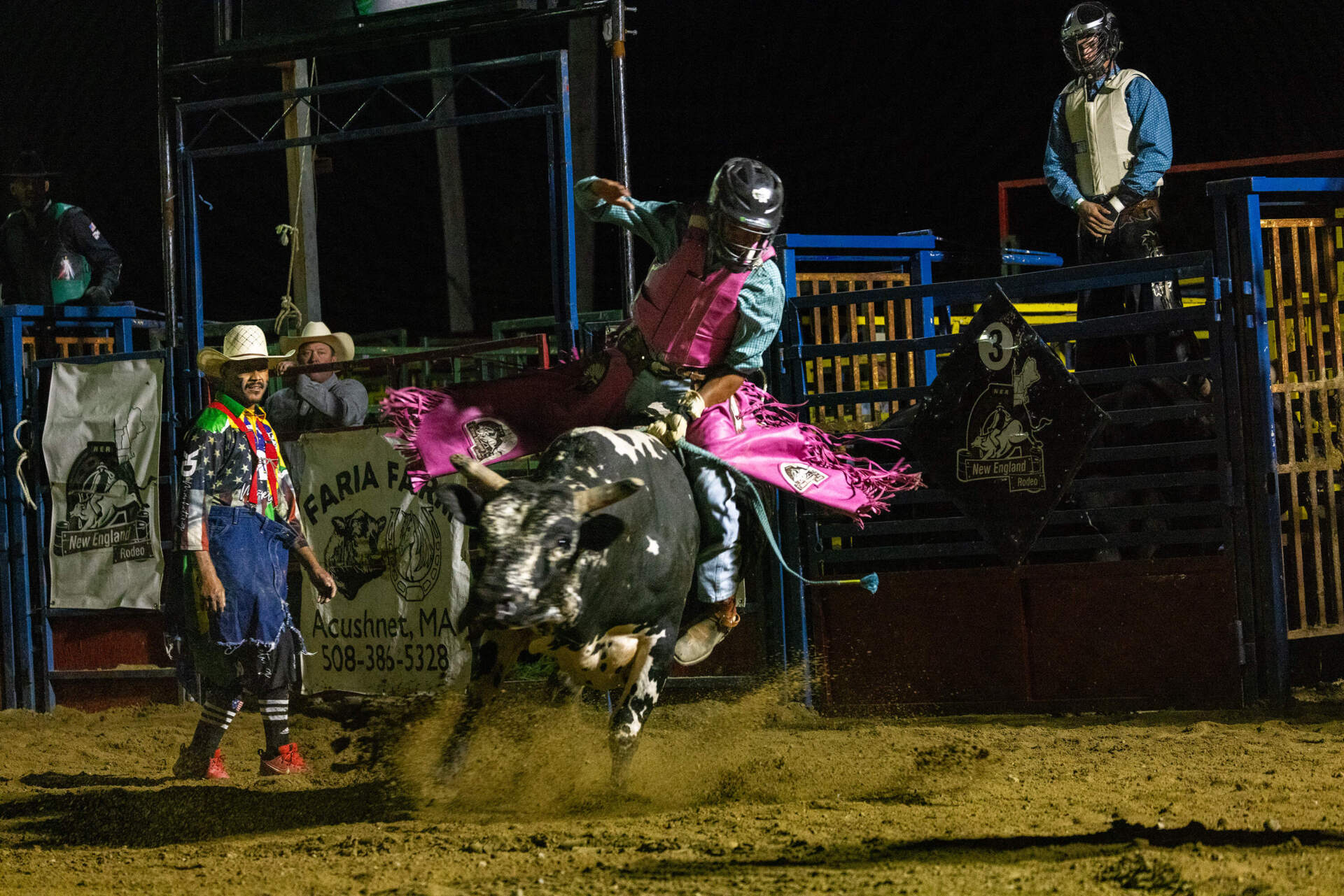 Welder Antonio rides Shanghai during the professional division of the bull riding competition. (Jesse Costa/WBUR)