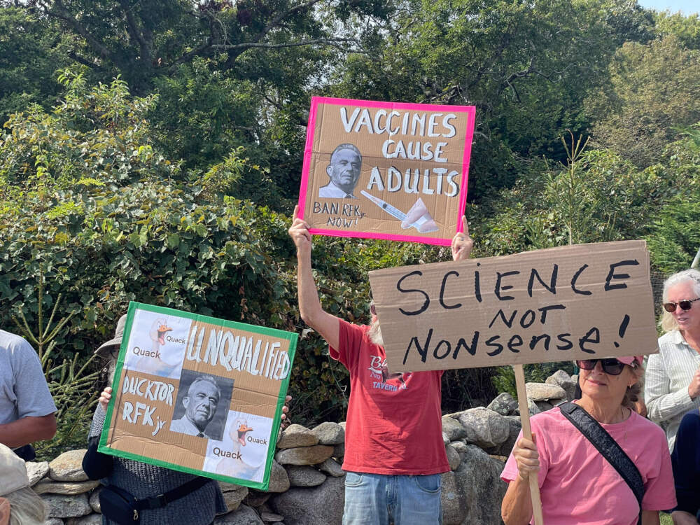 People protest Health and Human Services Secretary Robert F. Kennedy Jr.'s planned visit to Martha's Vineyard. September 23, 2025, Town of Aquinnah.