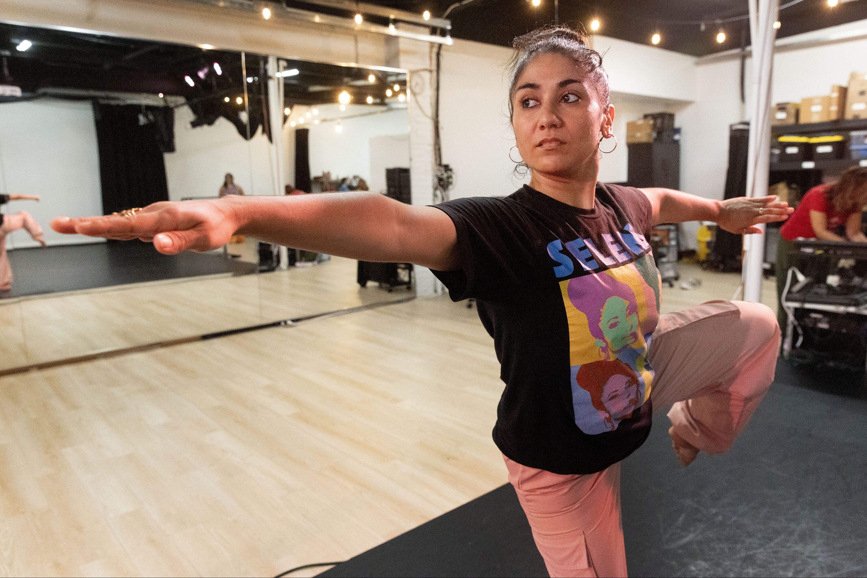 Marissa Molinar, the founder and director of MIDDAY Movement Series, at a dance class at SomArt Space at The Hive in Somerville. (Robin Lubbock/WBUR)