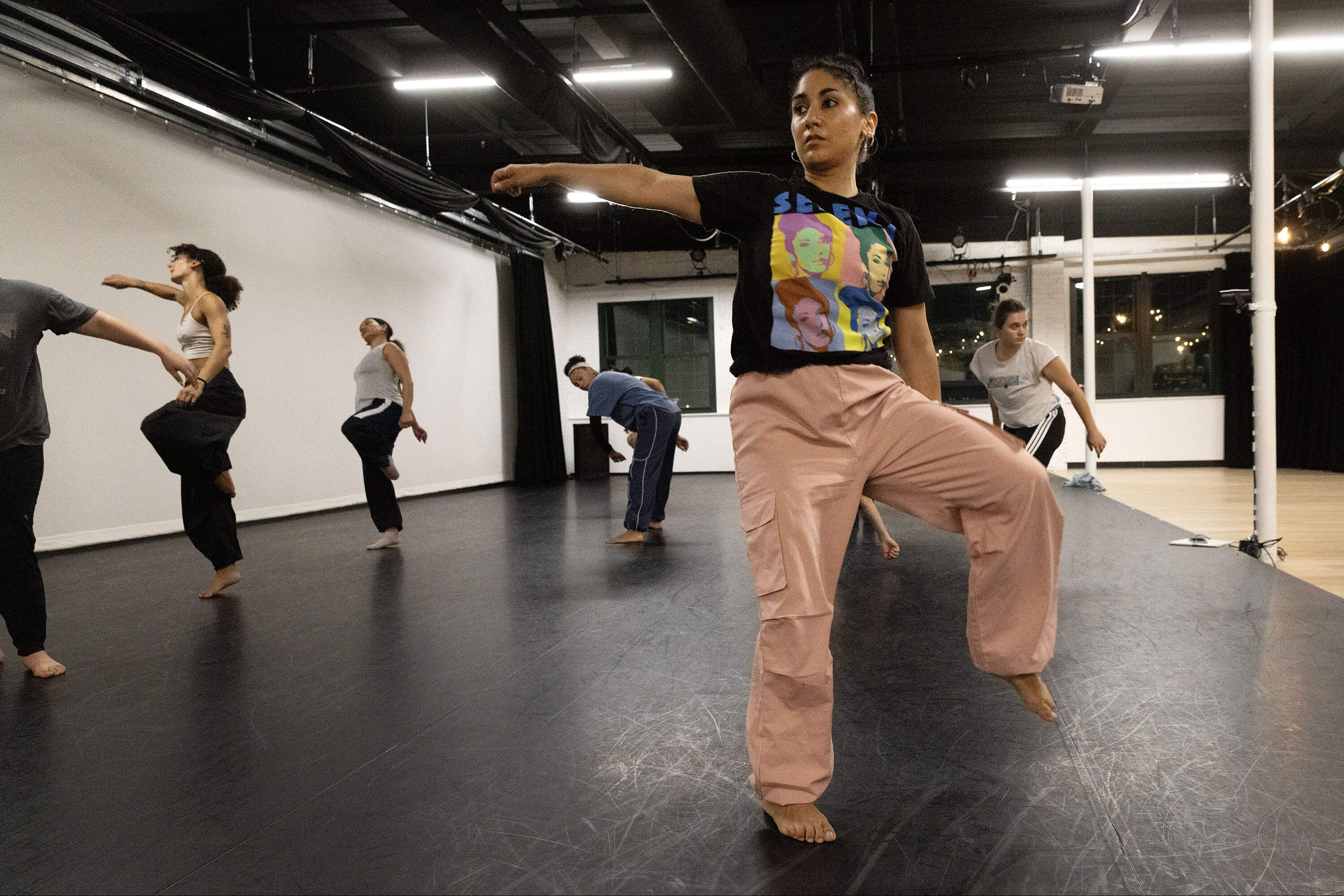 Molinar dances at a MIDDAY class at SomArt Space at The Hive in Somerville. (Robin Lubbock/WBUR)