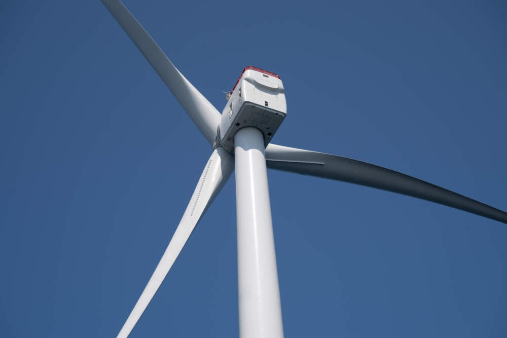 A wind turbine in the Vineyard Wind offshore wind site near the coast of Martha’s Vineyard in Mass. on Monday, Sept. 16, 2024. (Raquel C Zaldívar/New England News Collaborative)