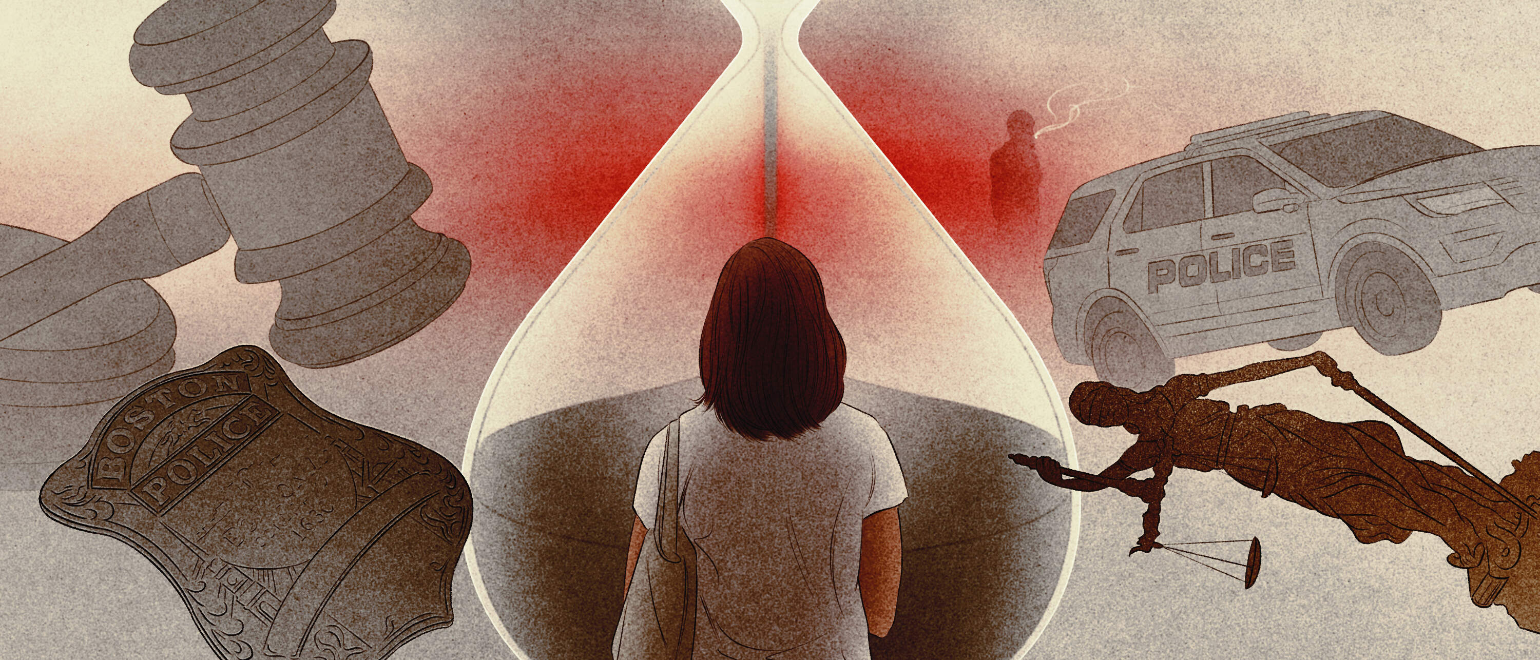 A woman facing away from the viewer stands in front of a larger-than-life hourglass. Other objects floating nearby include a gavel, a police badge with the words “Boston Police,” a statue of Lady Justice, a police car and a far-off silhouette of a person smoking.