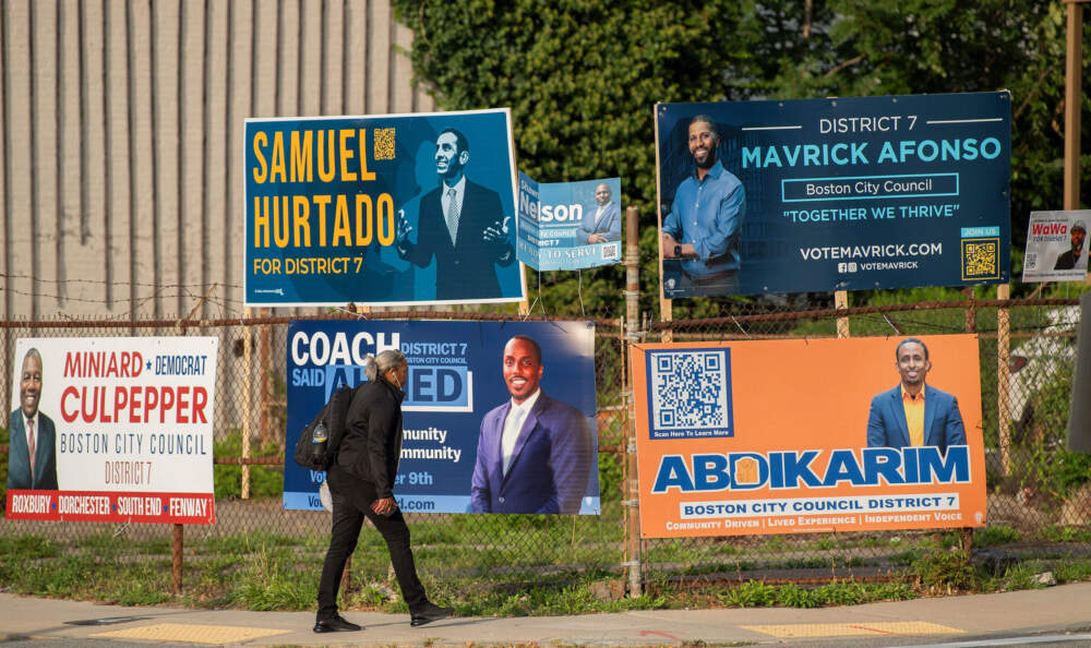 Candidate signs line the street in Boston's Ward 12 as voters set out to cast their ballots for the city's preliminary election. (Amanda Sabga for WBUR)