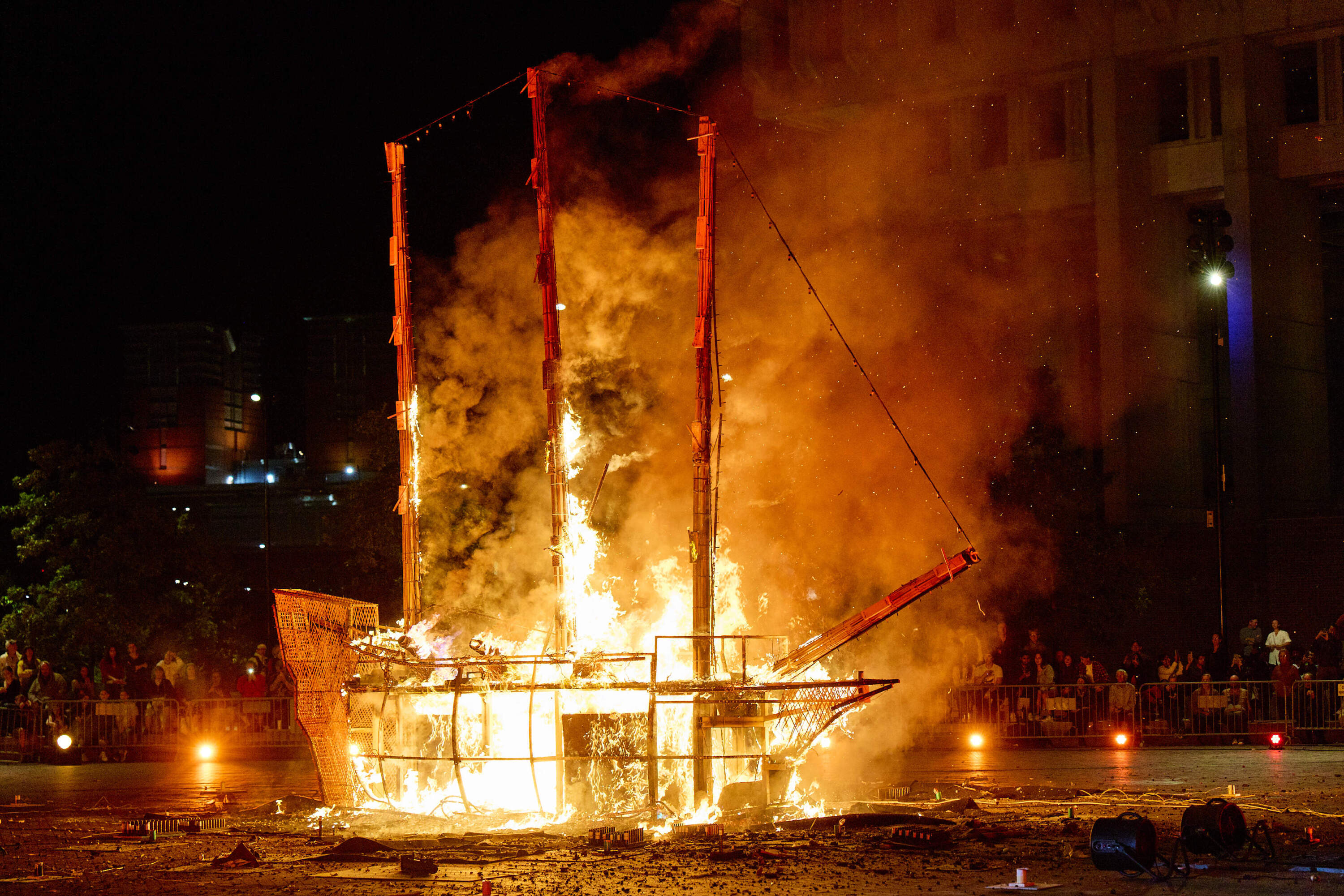 Adela Goldbard's "Invadieron por mar, respondemos con fuego. Un presagio." The pyrotechnic performance took place at City Hall Plaza on Sept. 12 as part of the Boston Public Art Triennial. (Courtesy Robert Gallegos)