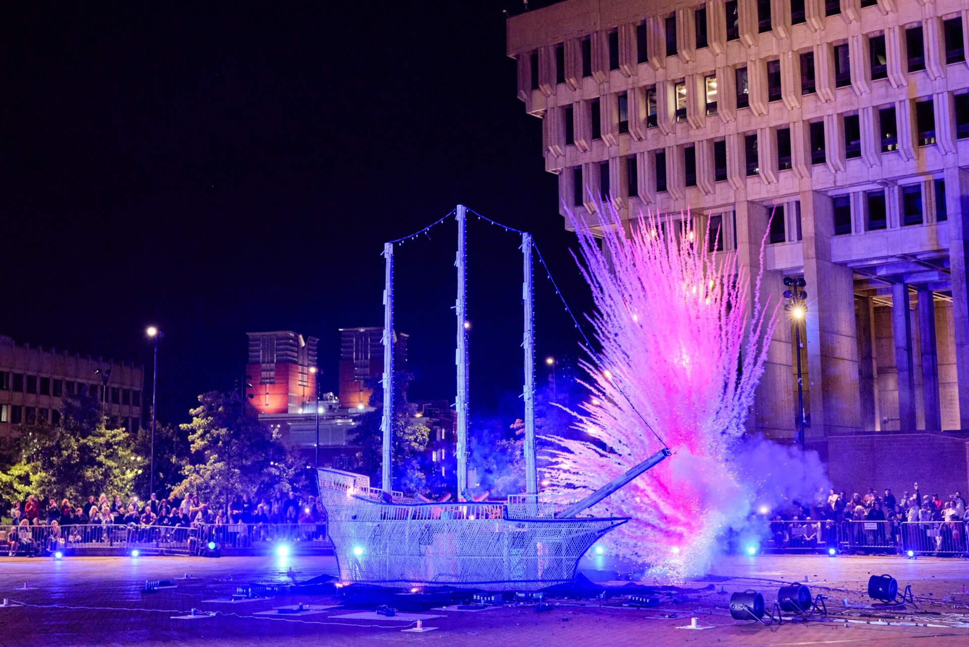 Adela Goldbard's "Invadieron por mar, respondemos con fuego. Un presagio." pyrotechnic performance at City Hall Plaza on Sept. 12 as part of the Boston Public Art Triennial. (Courtesy Robert Gallegos)