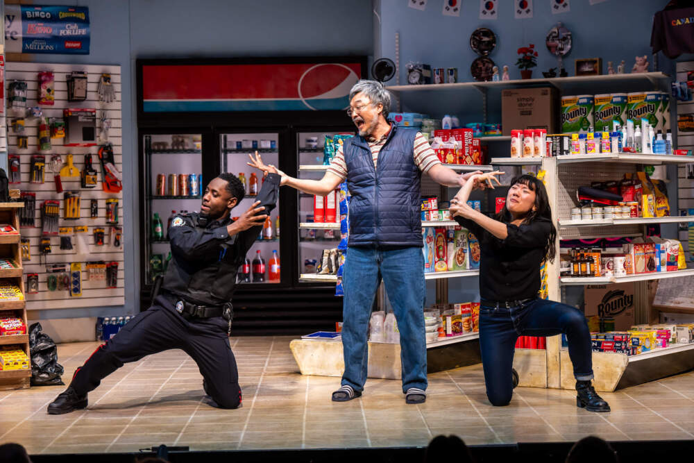 Brandon McKnight, Ins Choi and Kelly Seo in "Kim’s Convenience," a Soulpepper Production in association with American Conservatory Theater and Adam Blanshay Productions. (Courtesy Dahlia Katz)