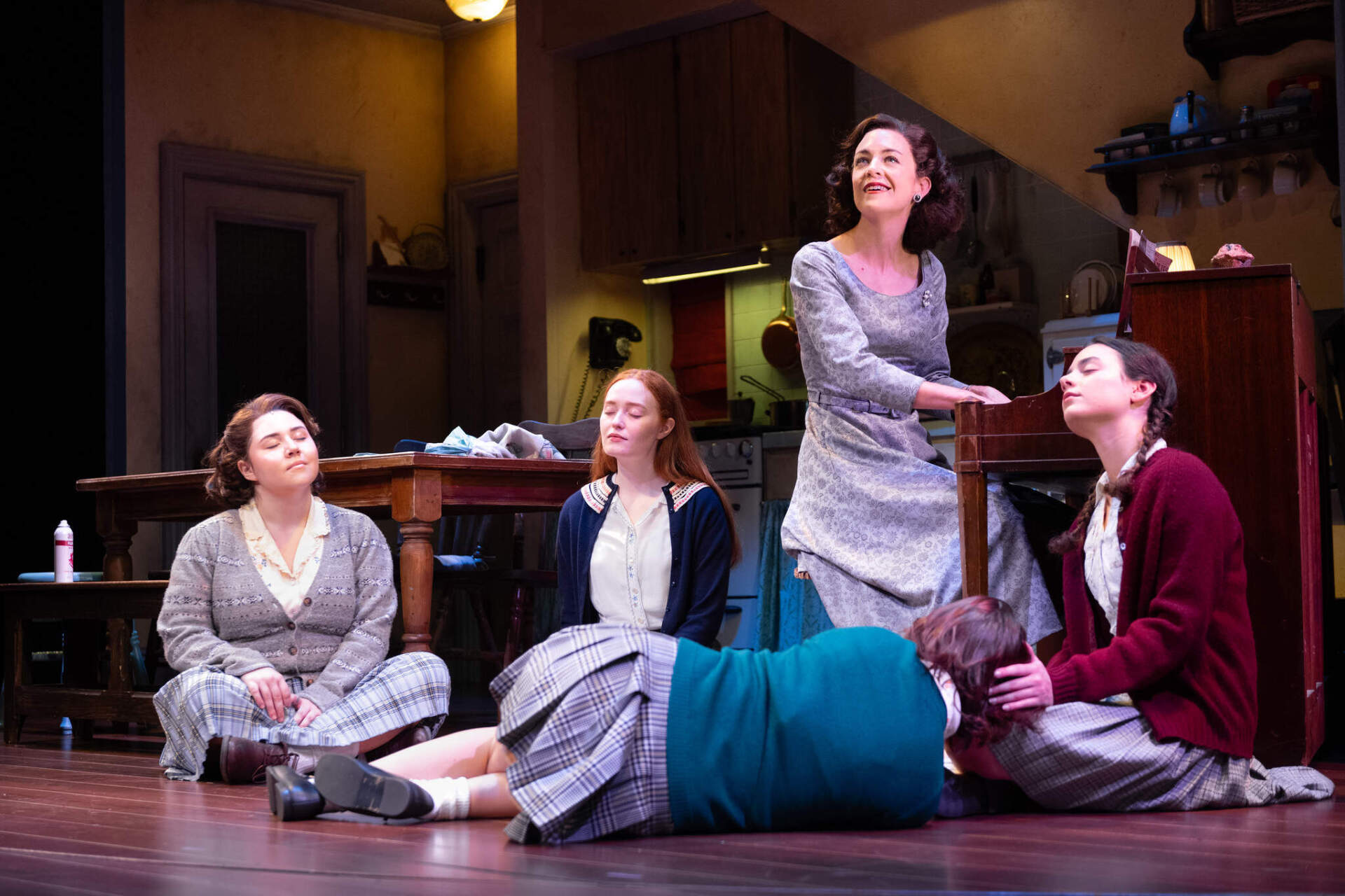 From left: Meghan Carey, Kate Fitzgerald, Allison Jean White, Chloé Kolbenhyer and Nicole Mulready (lying on the floor) in the Huntington's "The Hills of California." (Courtesy Liza Voll)