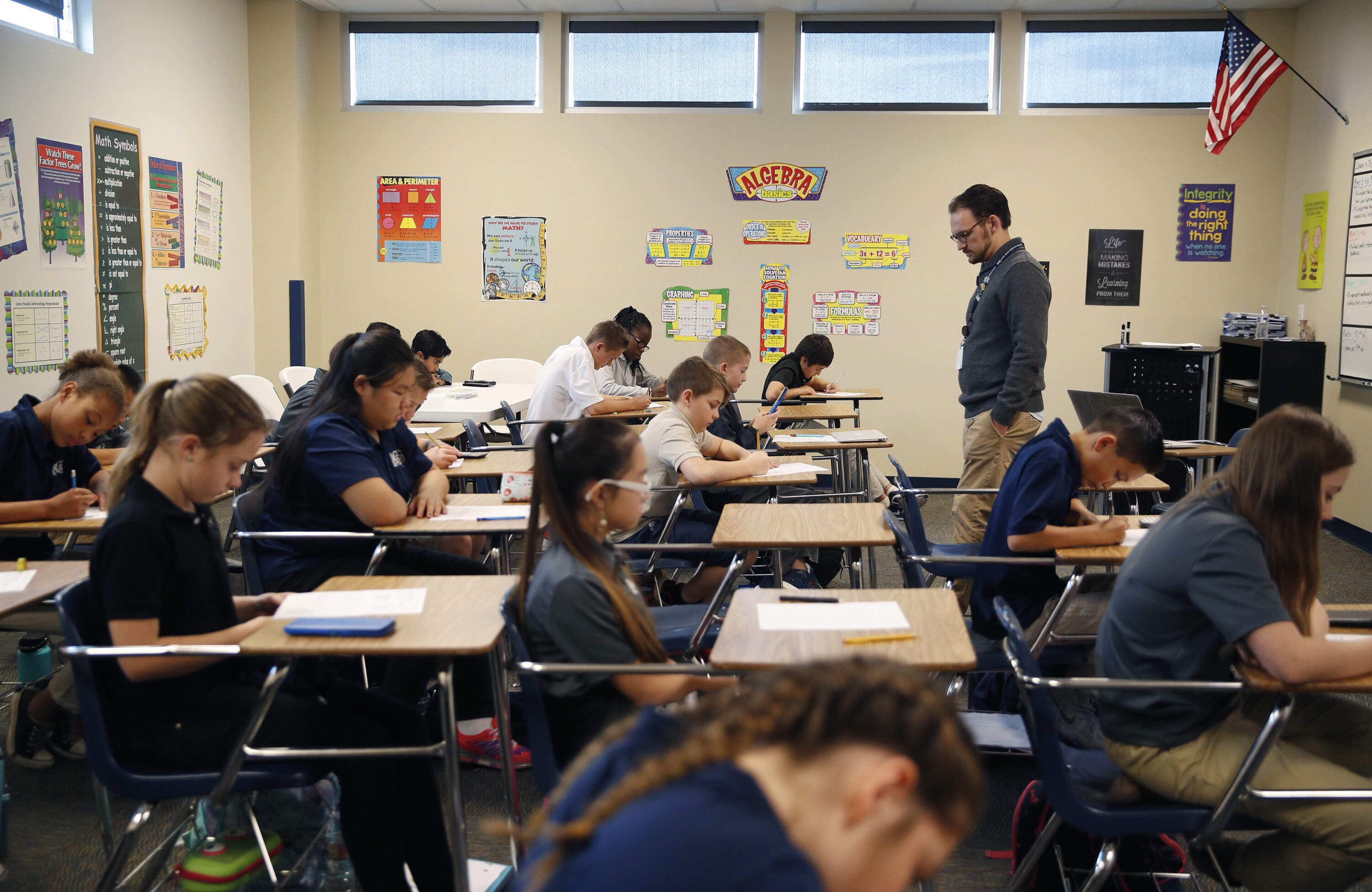 Students take a quiz in Michael Briggs' seventh grade algebra class at Lake Mead Christian Academy in Henderson, Nevada. (John Locher/AP)