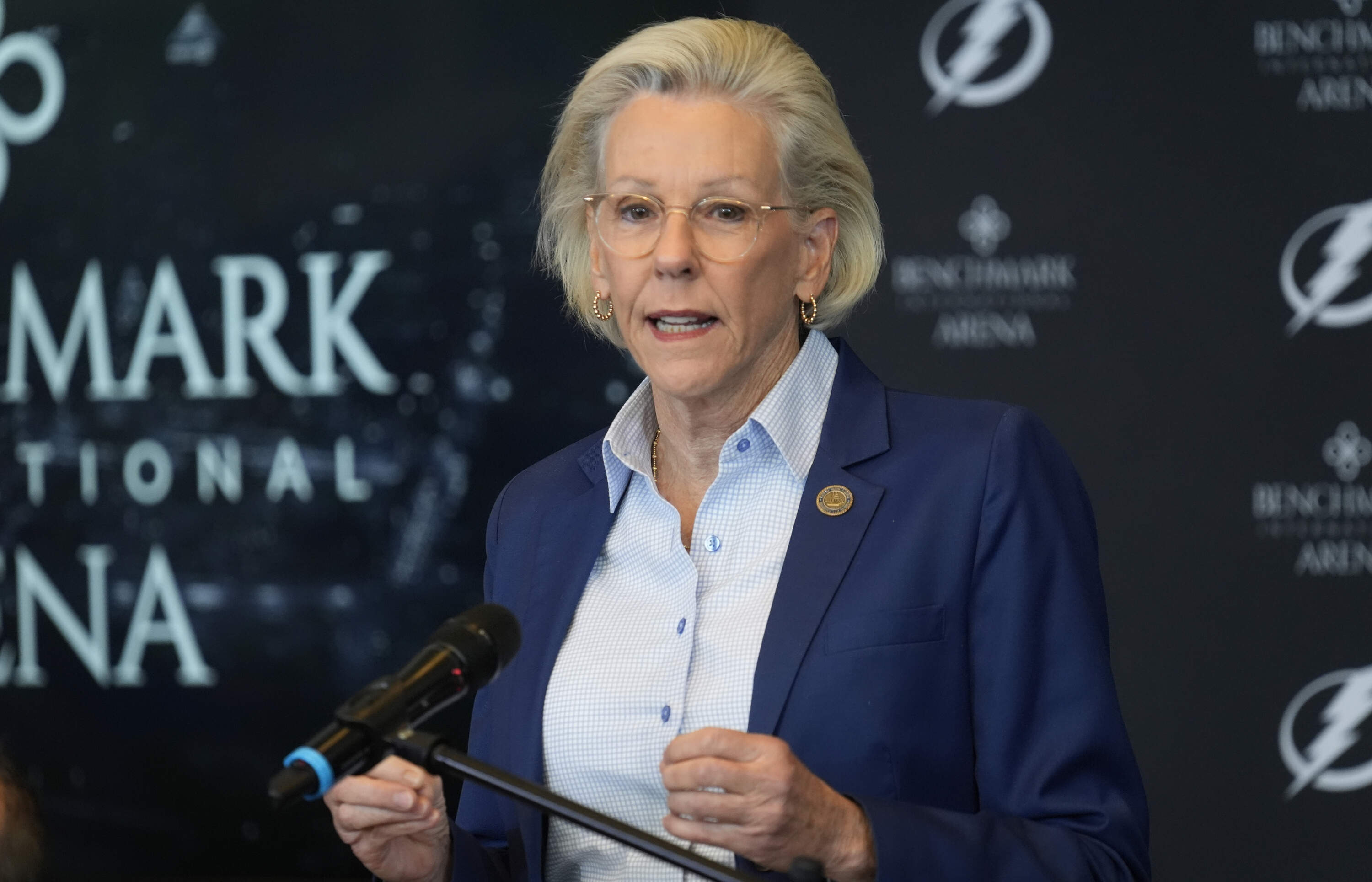 Tampa Mayor Jane Castor after Vinik Sports Group and Benchmark International announce multi-year naming rights partnershitp during a news conference Wednesday, Aug. 13, 2025, in Tampa, Fla. (Chris O'Meara/AP)