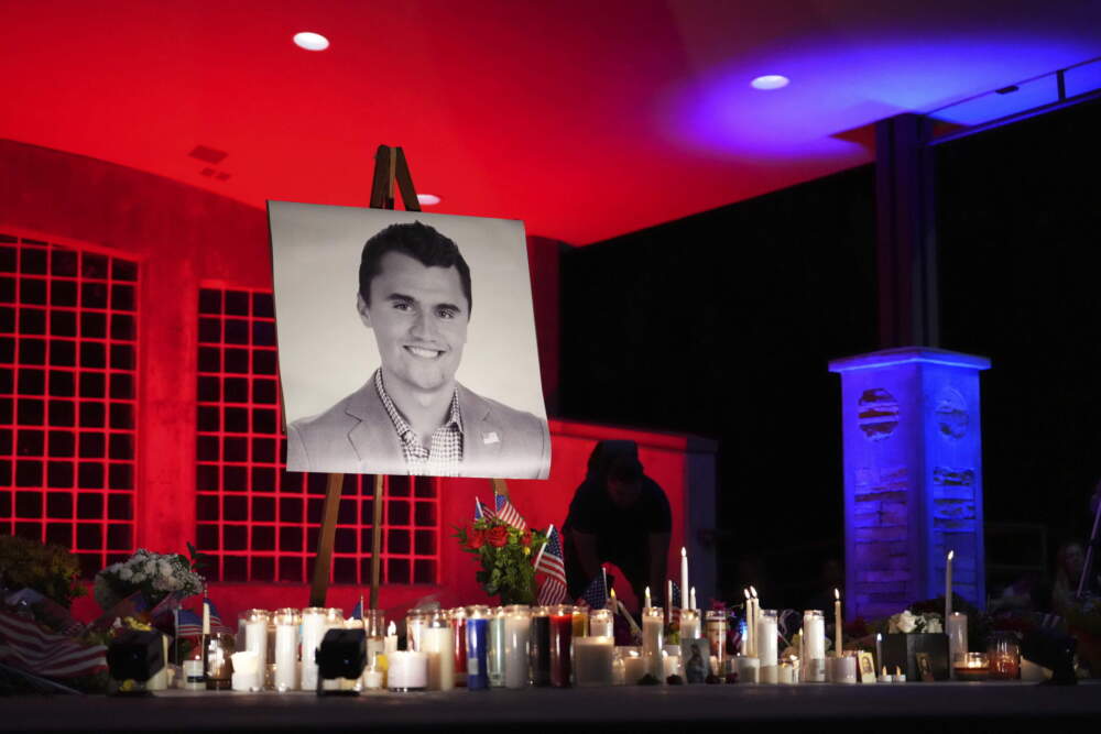 A photo of Charlie Kirk, the CEO and co-founder of Turning Point USA who was shot and killed, stands at his vigil, Thursday, Sept. 11, 2025, in Orem, Utah. (Lindsey Wasson/AP)