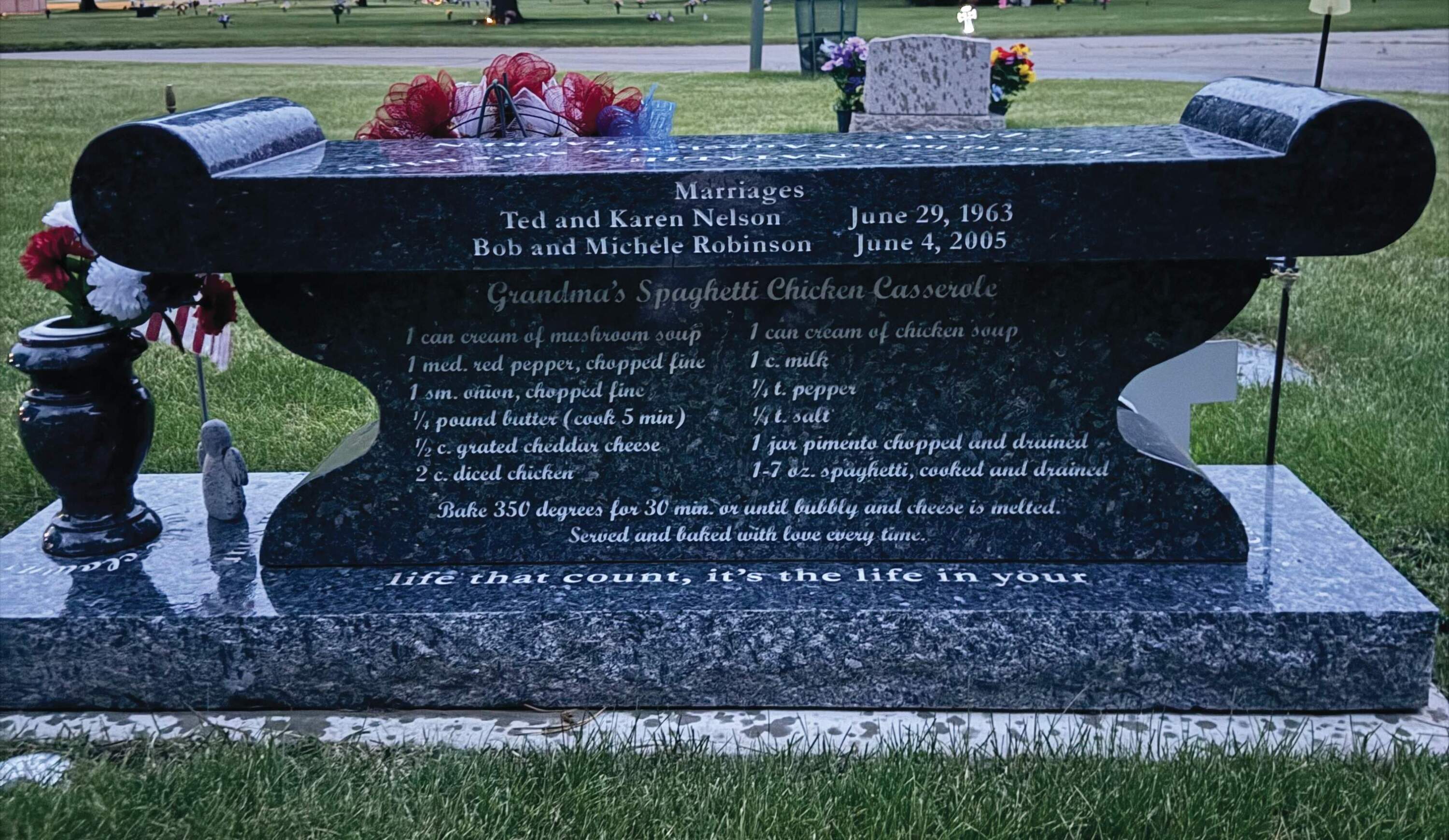A recipe for chicken spaghetti casserole at a grave site. (Courtesy of Rosie Grant)