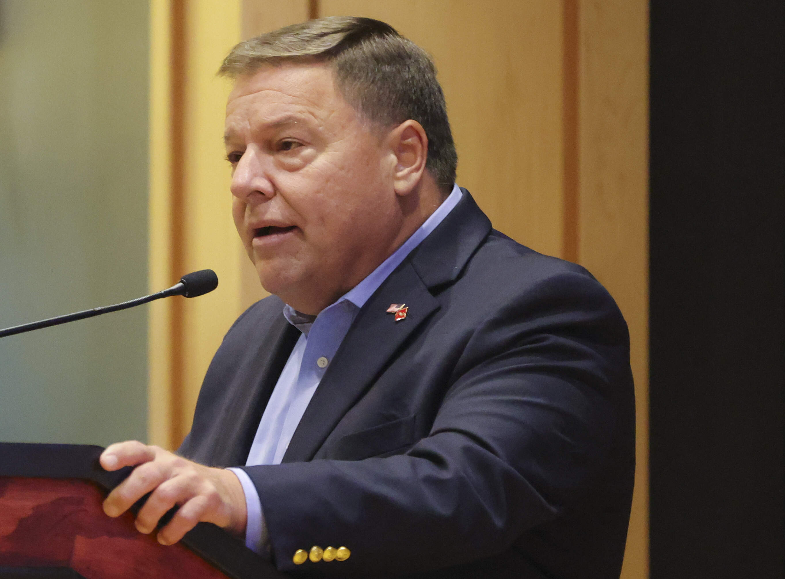 Quincy Mayor Thomas Koch moderating a public meeting in 2023. (Matthew J. Lee/The Boston Globe via Getty Images)