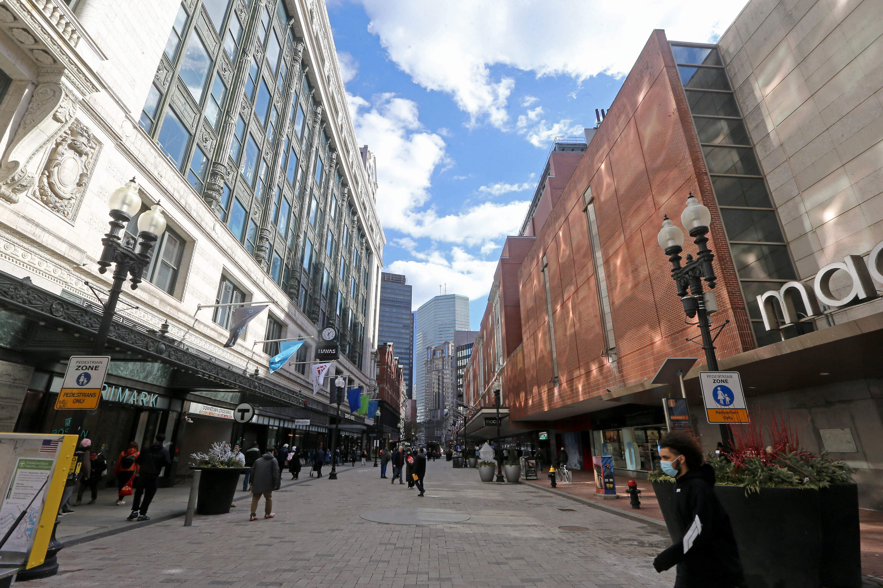 A view up Washington Street in Boston's Downtown Crossing. It's a corridor that could see increased building height limits under a zoning plan proposed by Mayor Michelle Wu's administration.