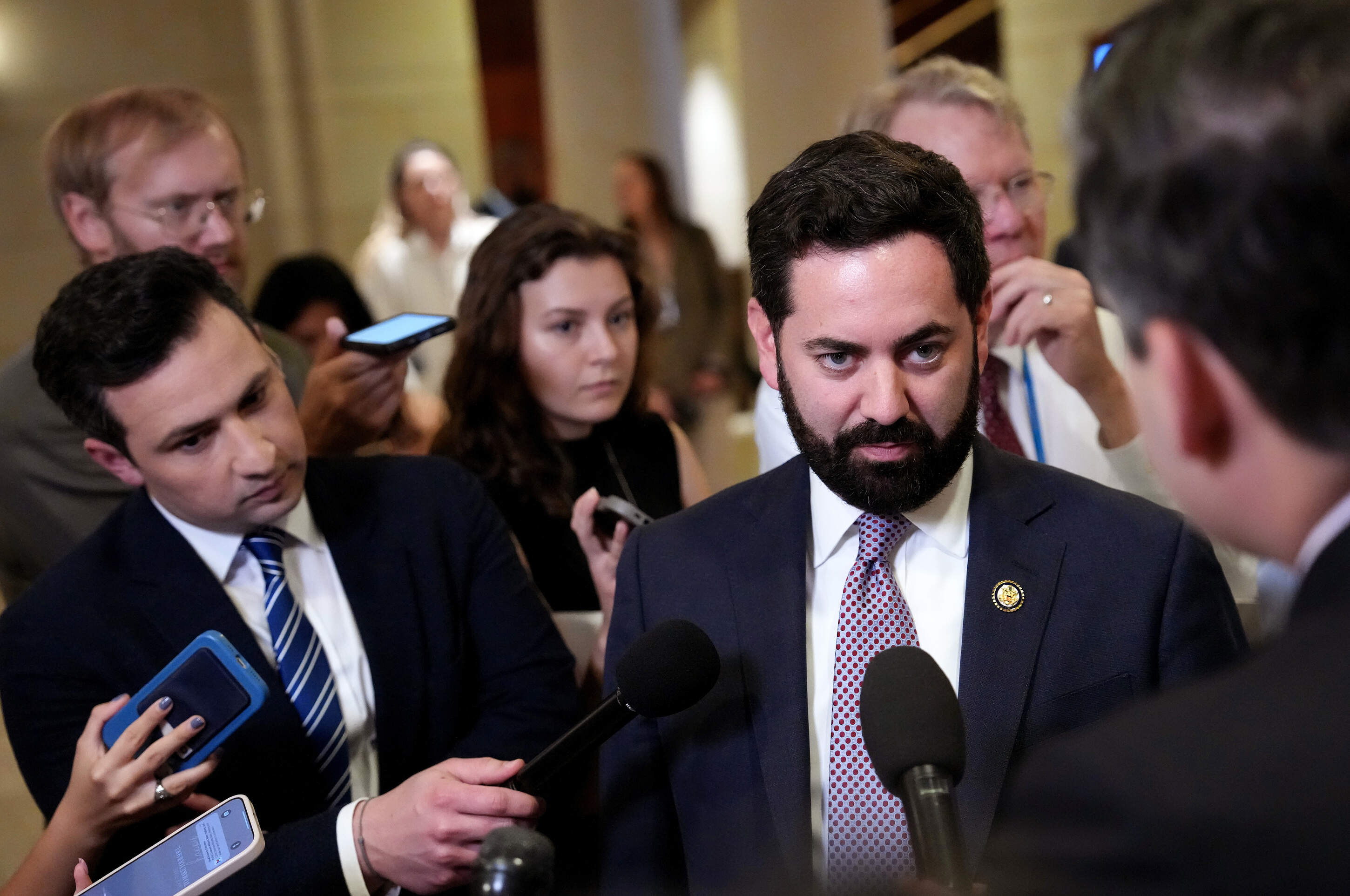 Rep. Mike Lawler (R-NY) speaks to reporters as he arrives for a House Republican caucus meeting at the U.S. Capitol on May 15, 2025 in Washington, D.C. (Kevin Dietsch/Getty Images)