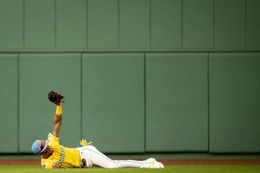 Ceddanne Rafaela #3 of the Boston Red Sox reacts after making a diving catch during the second inning of a game against the New York Yankees on September 13, 2025 at Fenway Park in Boston, Massachusetts. (Photo by Maddie Malhotra/Boston Red Sox/Getty Images)