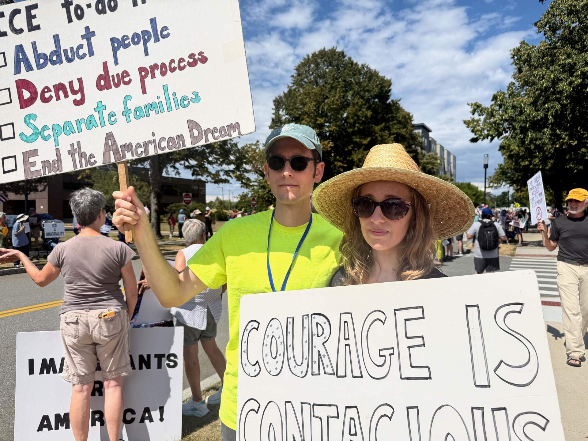 Jared and Laurie Berezin of Maynard started the Bearing Witness protest outside of ICE's Burlington field office several months ago after they learned about the conditions inside. (Mirie Wasser / WBUR)