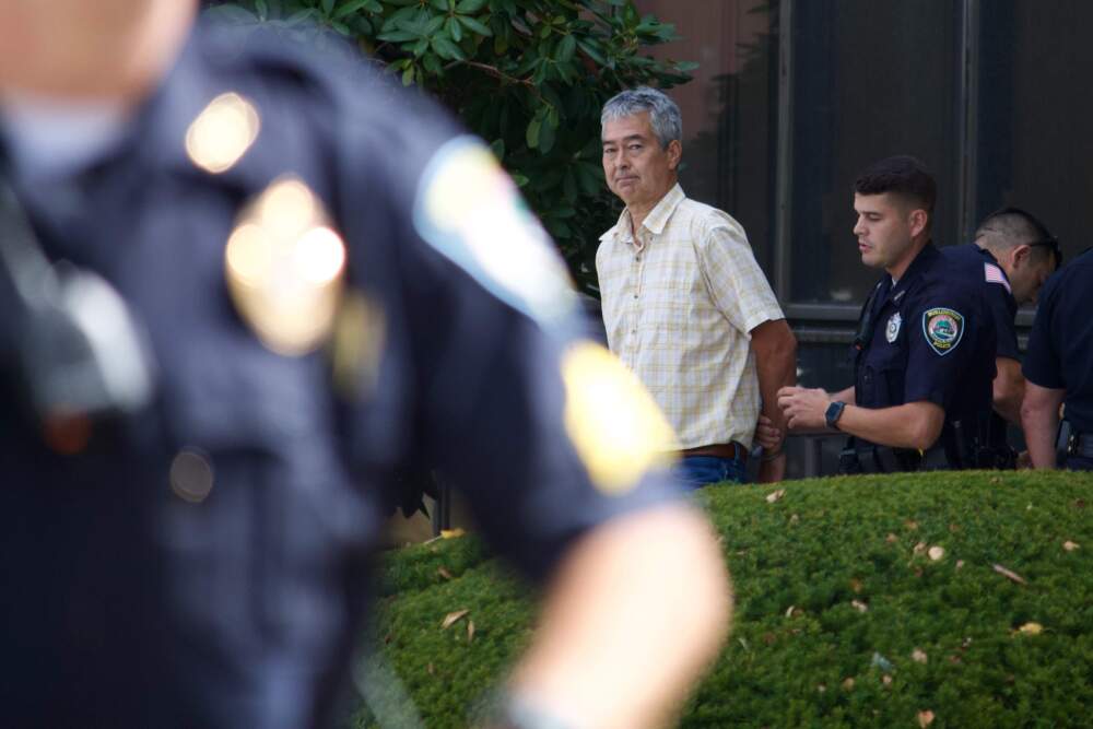 Nathan Phillips was arrested outside of the Burlington ICE field office on Sept. 12, 2025. He was charged with one count of trespassing. (Miriam Wasser/WBUR)