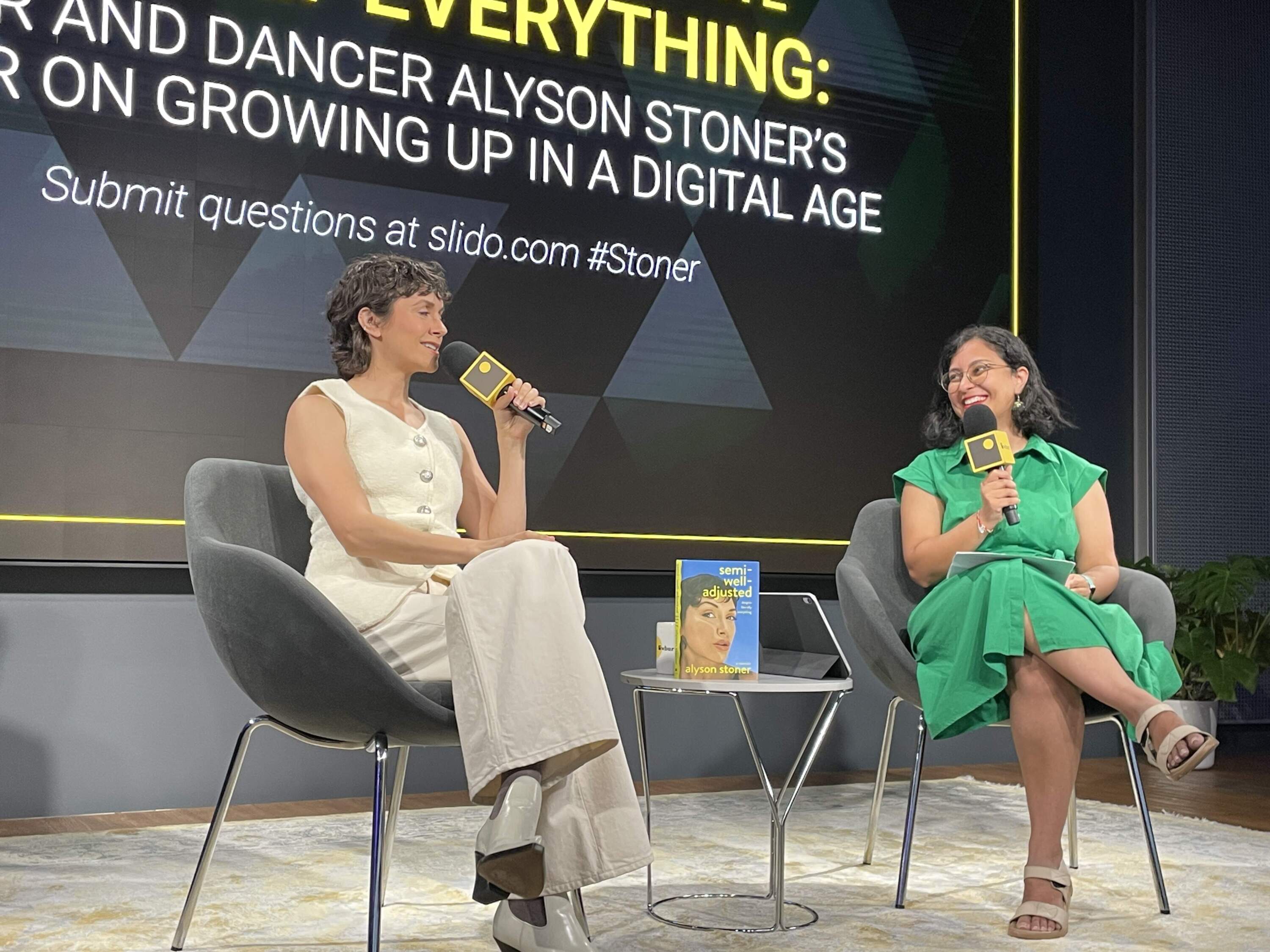 Alyson Stoner (L) talks with Here & Now's Kalyani Saxena (R) at WBUR's CitySpace. (Kalyani Saxena/Here & Now)