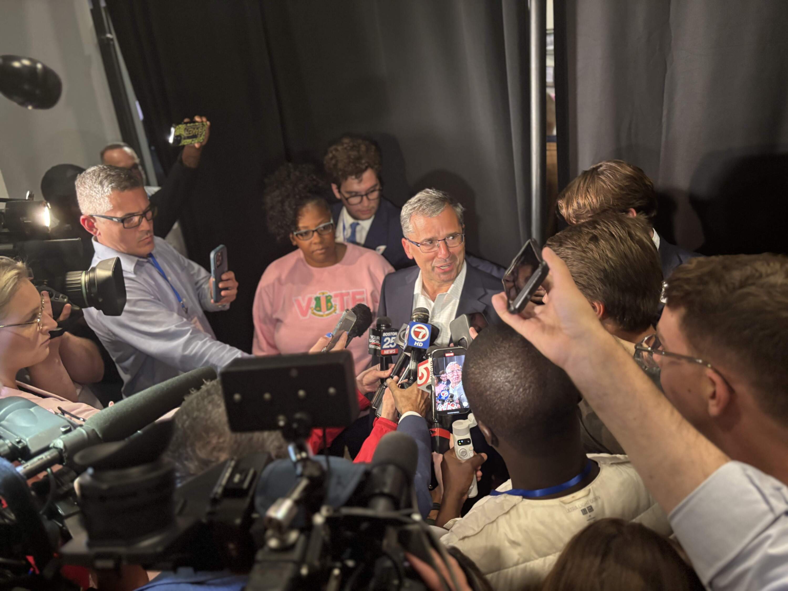 Mayoral candidate Josh Kraft addresses the media following his election night remarks (Katie Cole/WBUR)