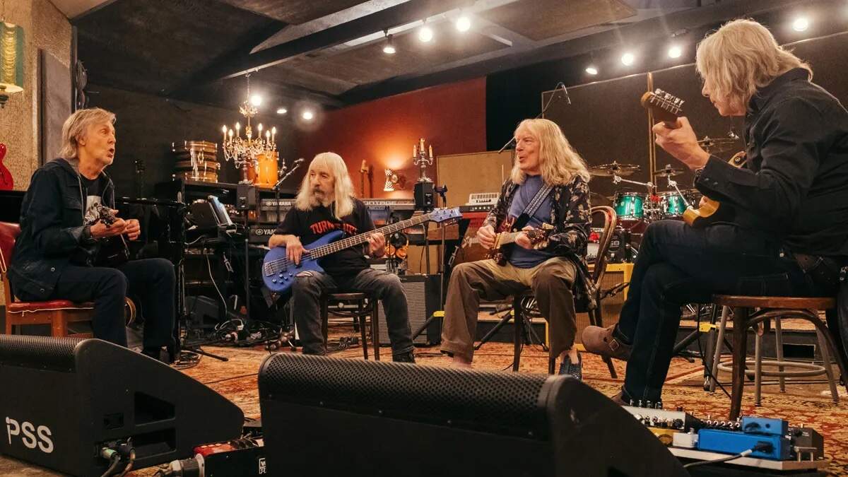 Paul McCartney, left, makes an appearance as a superfan in “Spinal Tap II: The End Continues.” (Courtesy Bleecker Street)