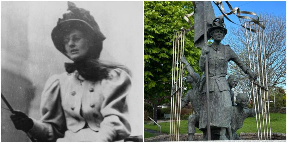On the left, Irish politician, revolutionary, nationalist, suffragist, socialist Constance Markievicz (1868 - 1972) riding a horse, April 1916. (Topical Press/Hulton Archive/Getty Images). On the right, a statue of Constance Markievicz in the village of Rathcormac, in County Cork, Ireland. (Courtesy Doug Brown)
