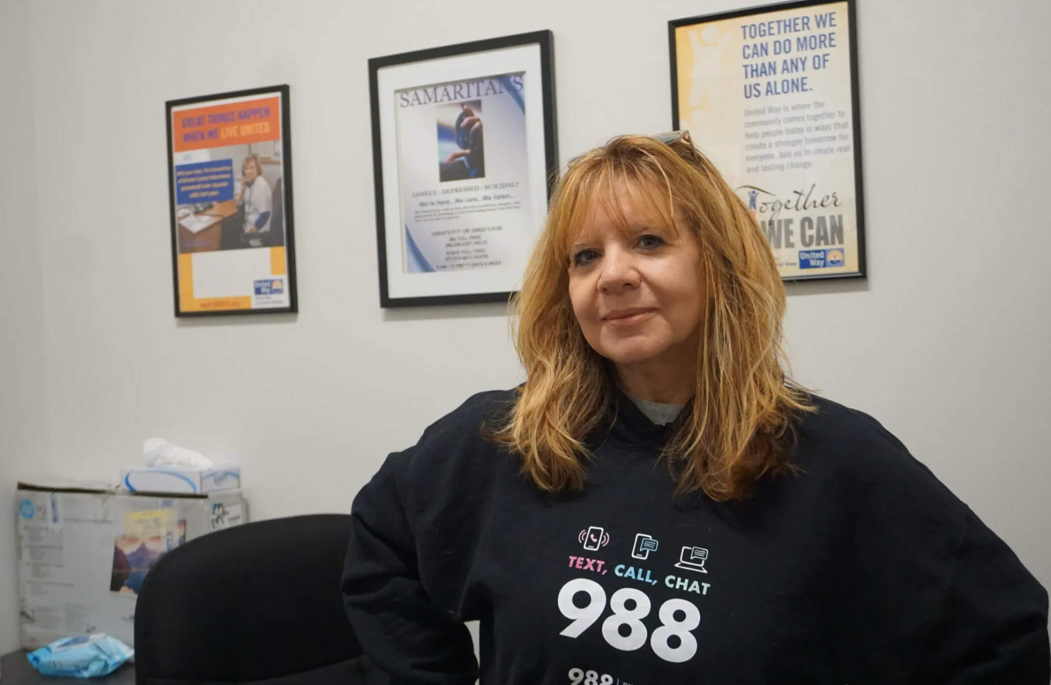 Christine Rizza of Samaritans South Coast said her group is providing operators training in LGBTQ+ issues. (Paul C. Kelly Campos/The Public’s Radio)