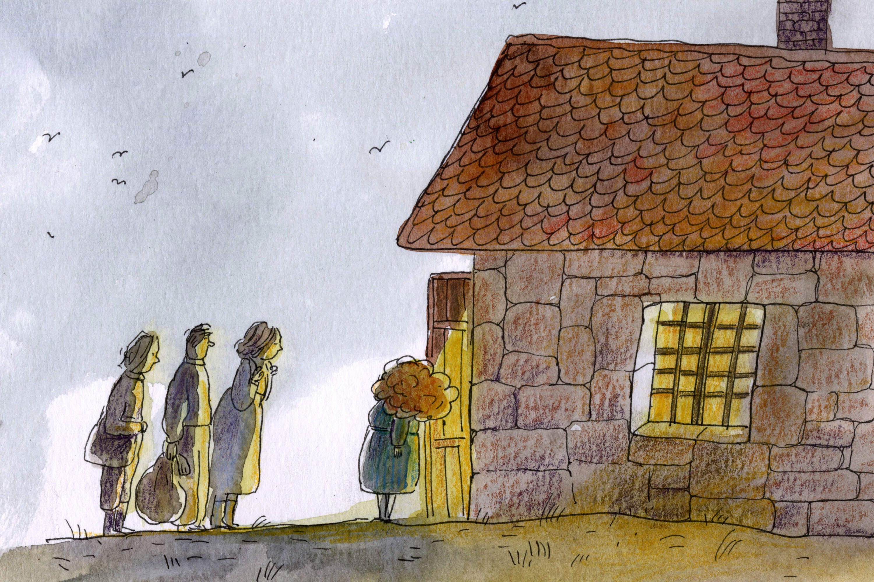 People stand outside a cottage. (Sabina Hahn for WBUR)