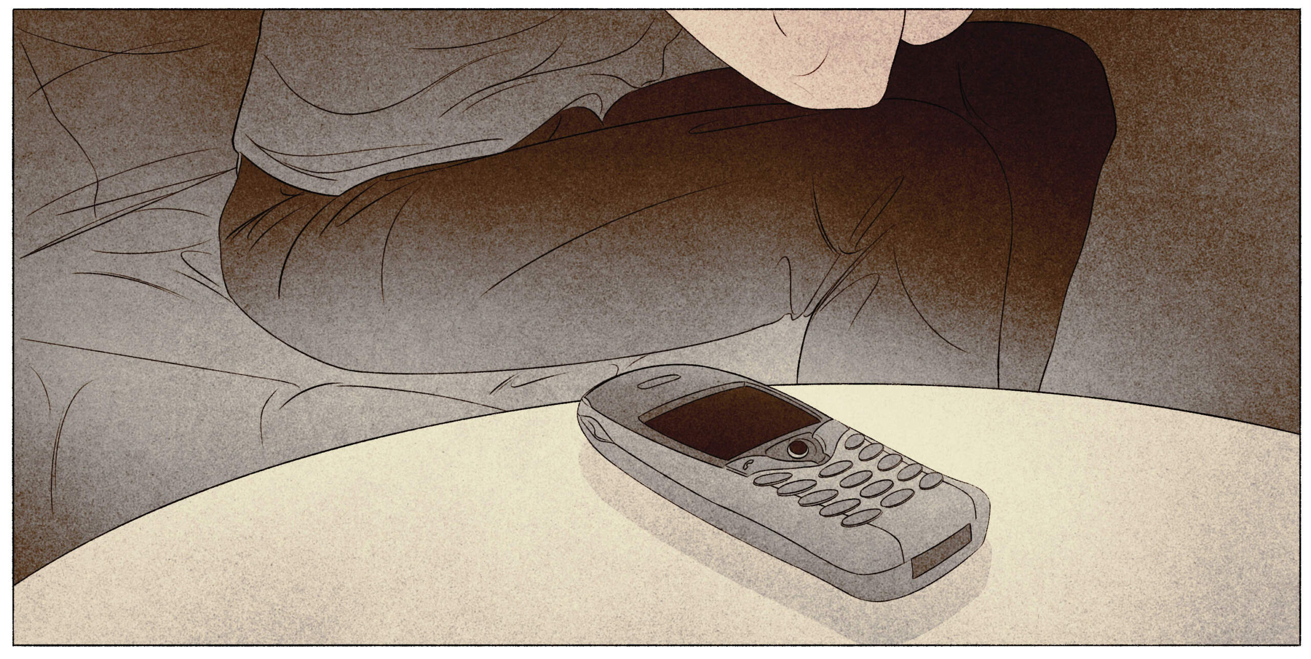 An illustration of an particular person sitting on a couch, their elbows on their knees. A cellular telephone is resting advance them on a desk.