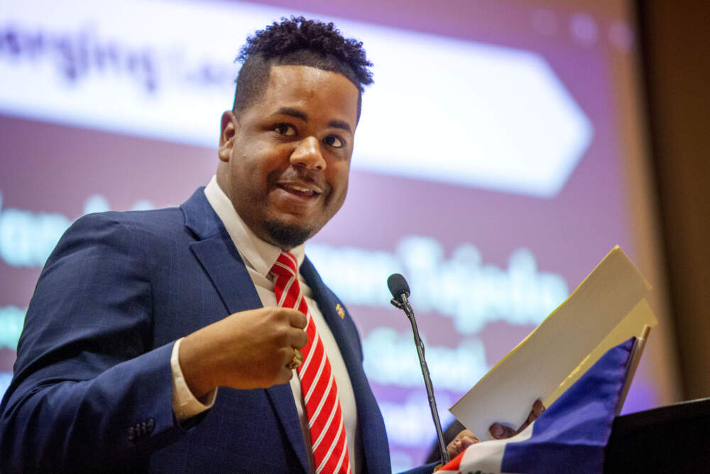 City Councilor At-Large Henry Santana speaks to guests gathered for the first annual Dominican Independence Day Breakfast in Boston in 2024.