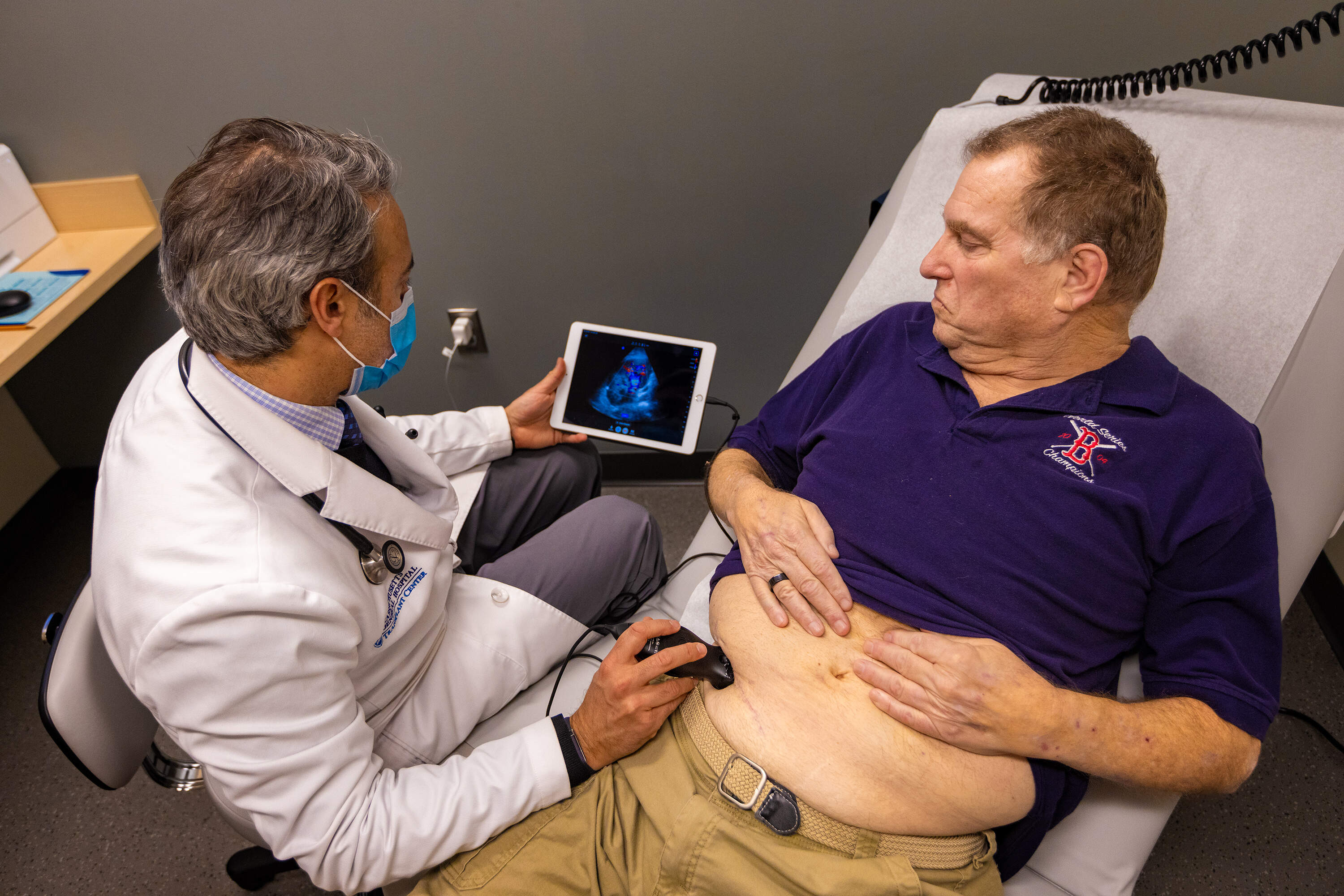 Tim Andrews gets an ultrasound on his pig kidney at Massachusetts General Hospital in February, 2025. (Jesse Costa/WBUR)