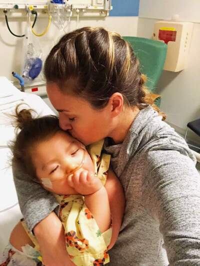 The author at Rush Univeristy Medical Center with her daughter, Adelaide, in December 2018. Adelaide died in October 2019, shortly before her fourth birthday. (Courtesy Kelly Cervantes)