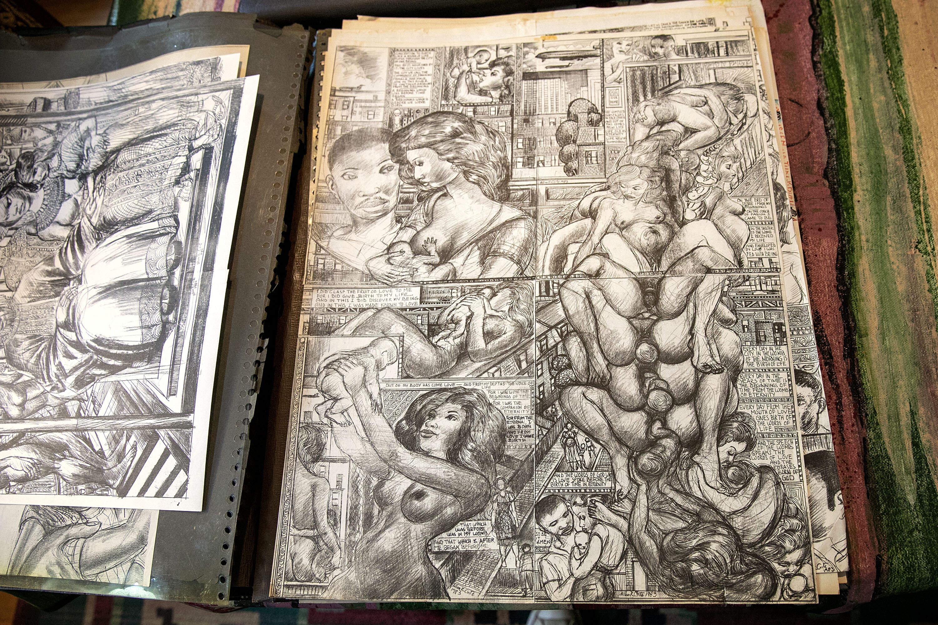 An image of child birth drawn in 1983 by Crite includes the words "out of my body has come love." (Robin Lubbock/WBUR)