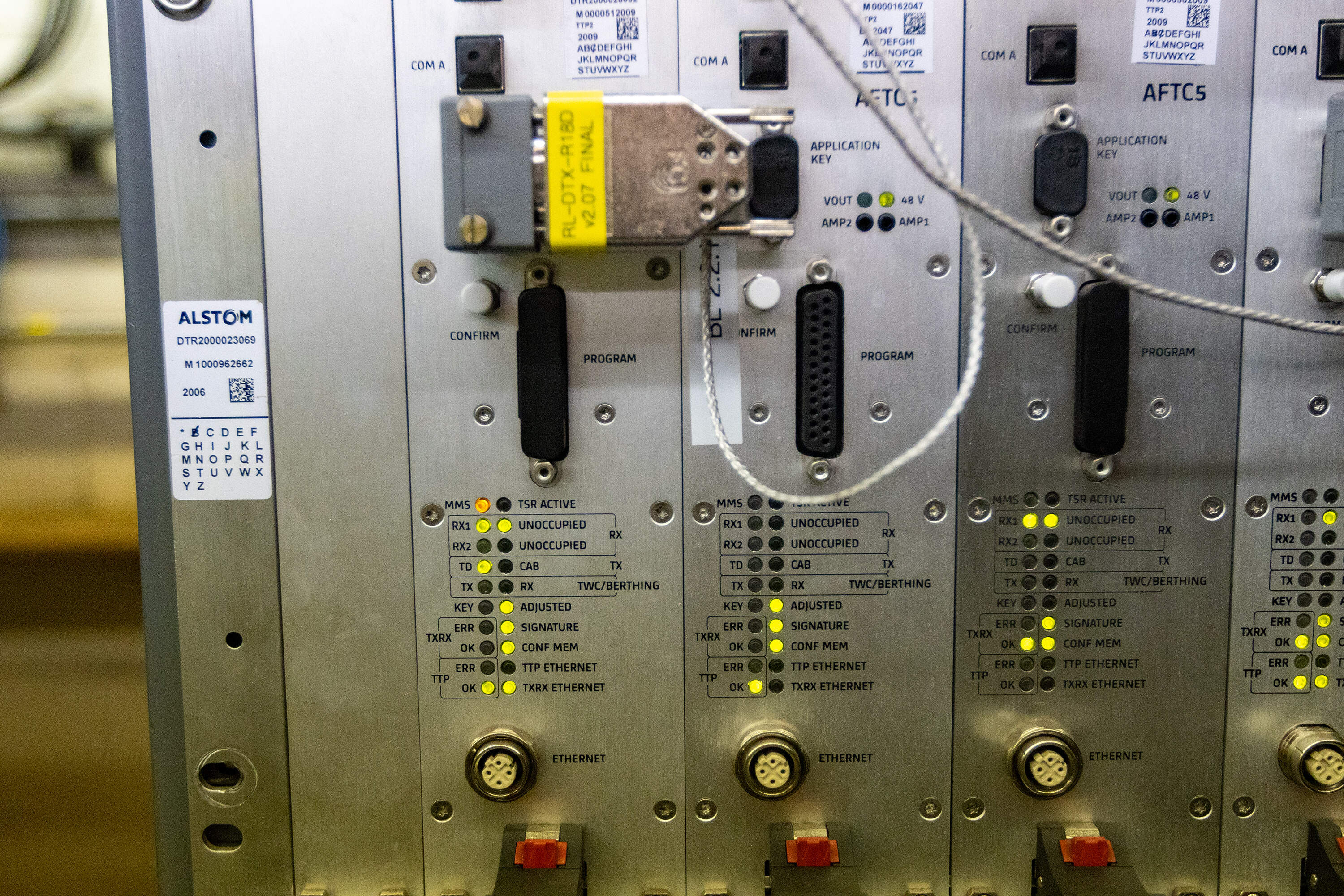 Microprocessors sit on racks in a signal room in Downtown Crossing station. The computers communicate information about the movement of trains. (Jesse Costa/WBUR)