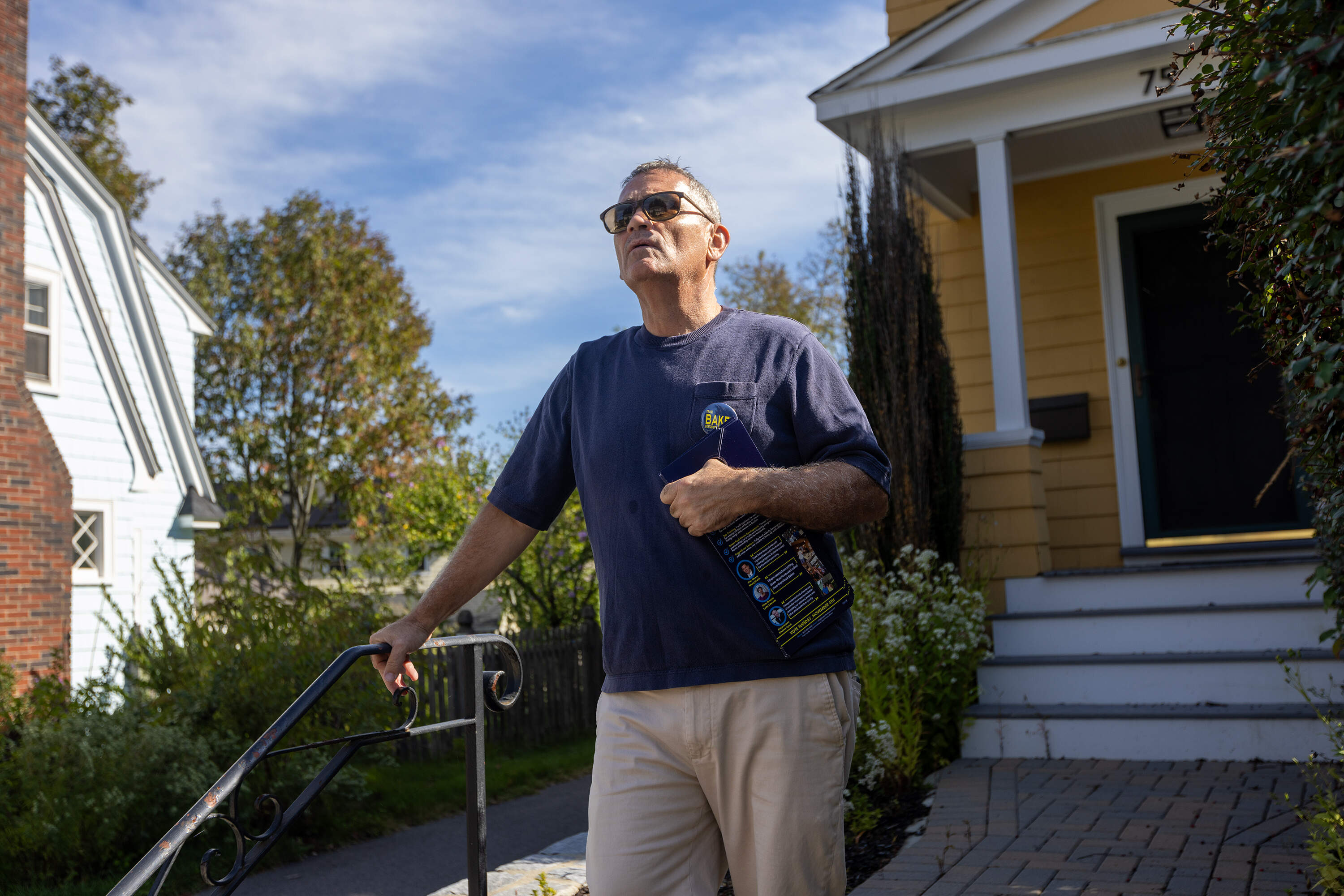 At-Large City Council candidate Frank Baker canvassing on Bellevue Street in West Roxbury. (Jesse Costa/WBUR)