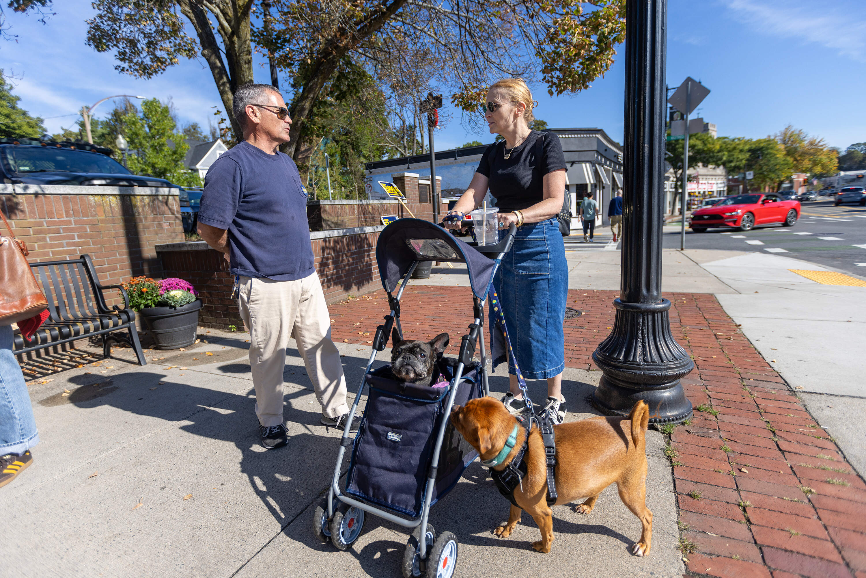 Frank Baker speaks with a West Roxbury resident out walking her dogs on Centre Street while canvassing on a recent Saturday morning. (Jesse Costa/WBUR)