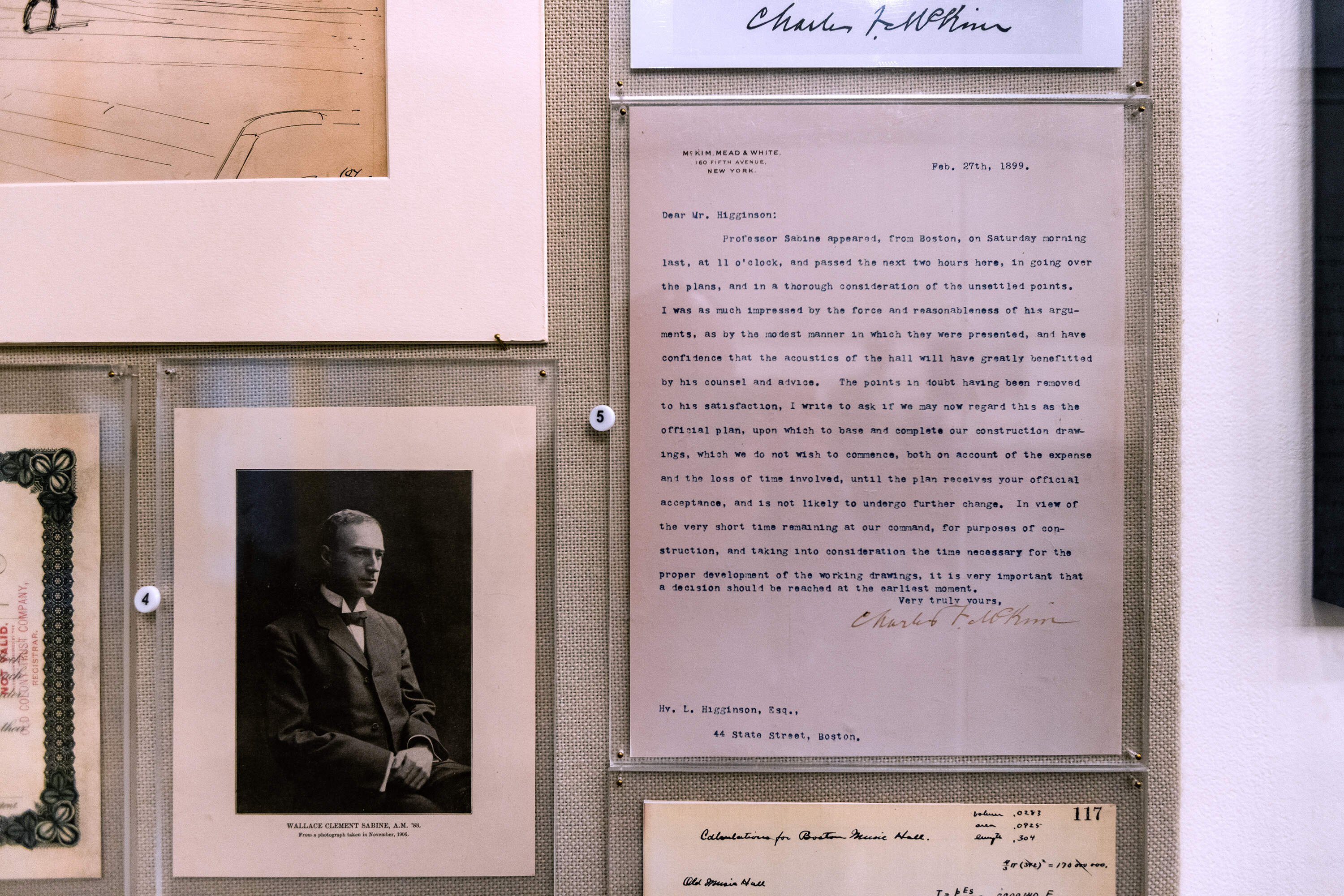 A letter written by Charles McKim, the architect of Symphony Hall, to BSO founder Henry Higginson, recommending hiring Harvard physics professor Wallace Sabine as a consultant in designing the Hall, making Symphony Hall the FIRST Auditorium In The World To Be BUILT Accord to the original ACOUNICAL SCIEENCE. (Esse costa / wbur)