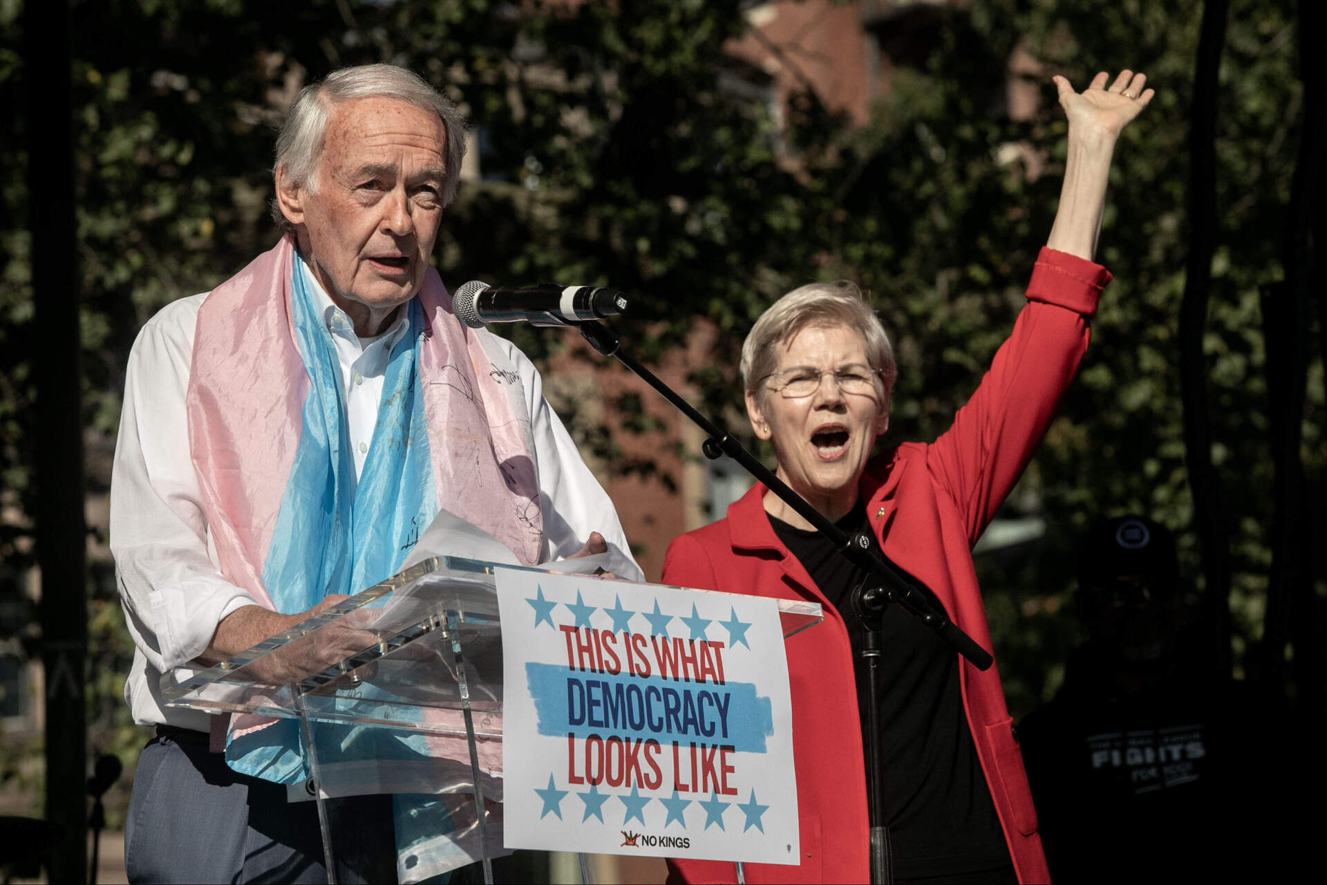 Sen. Edward Markey and Sen. Elizabeth Warren address the crowd gathered on Boston Common. (Robin Lubbock/WBUR)
