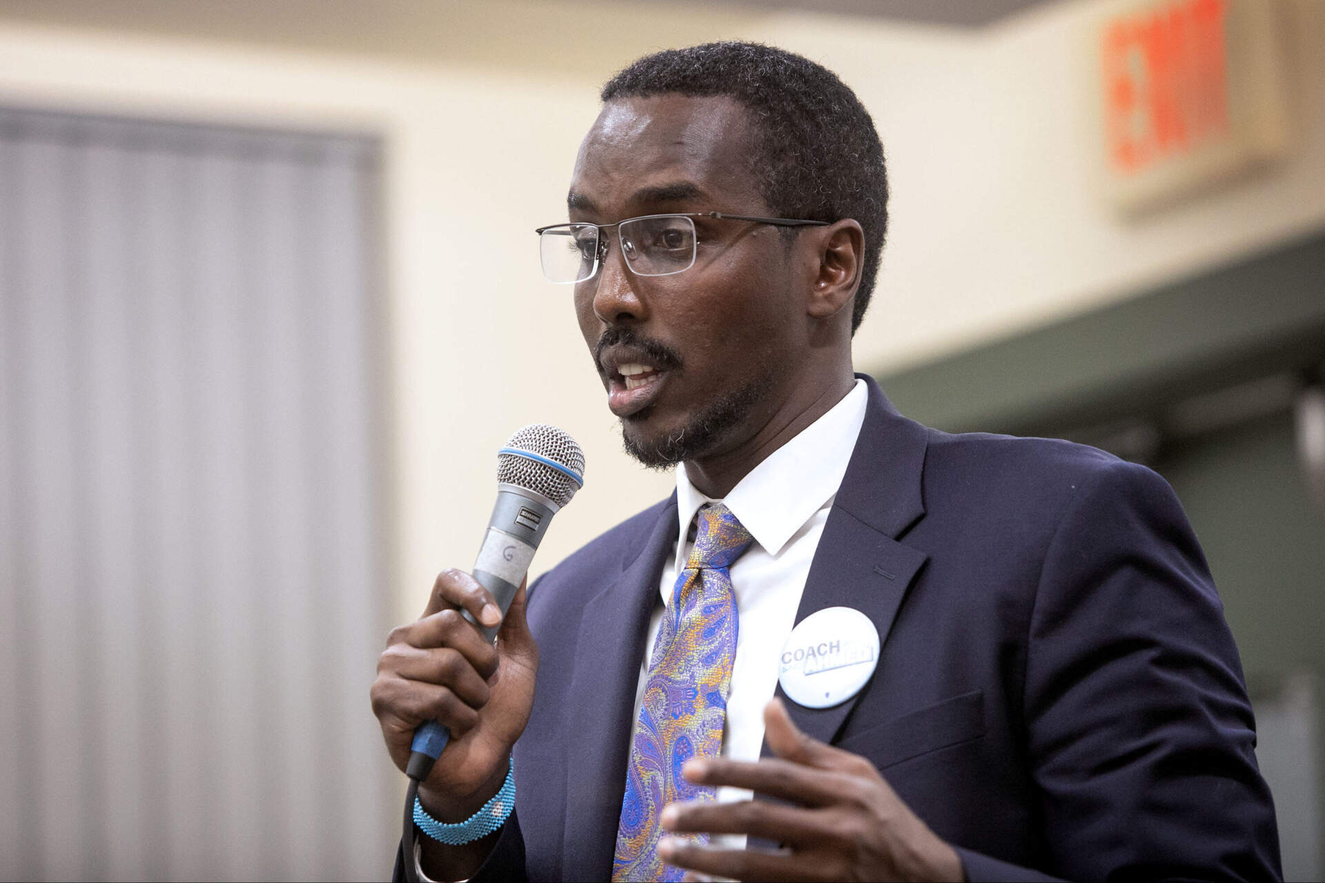 Candidate Said Ahmed speaks at a forum at the Dudley Street Neighborhood Initiative. (Robin Lubbock/WBUR)