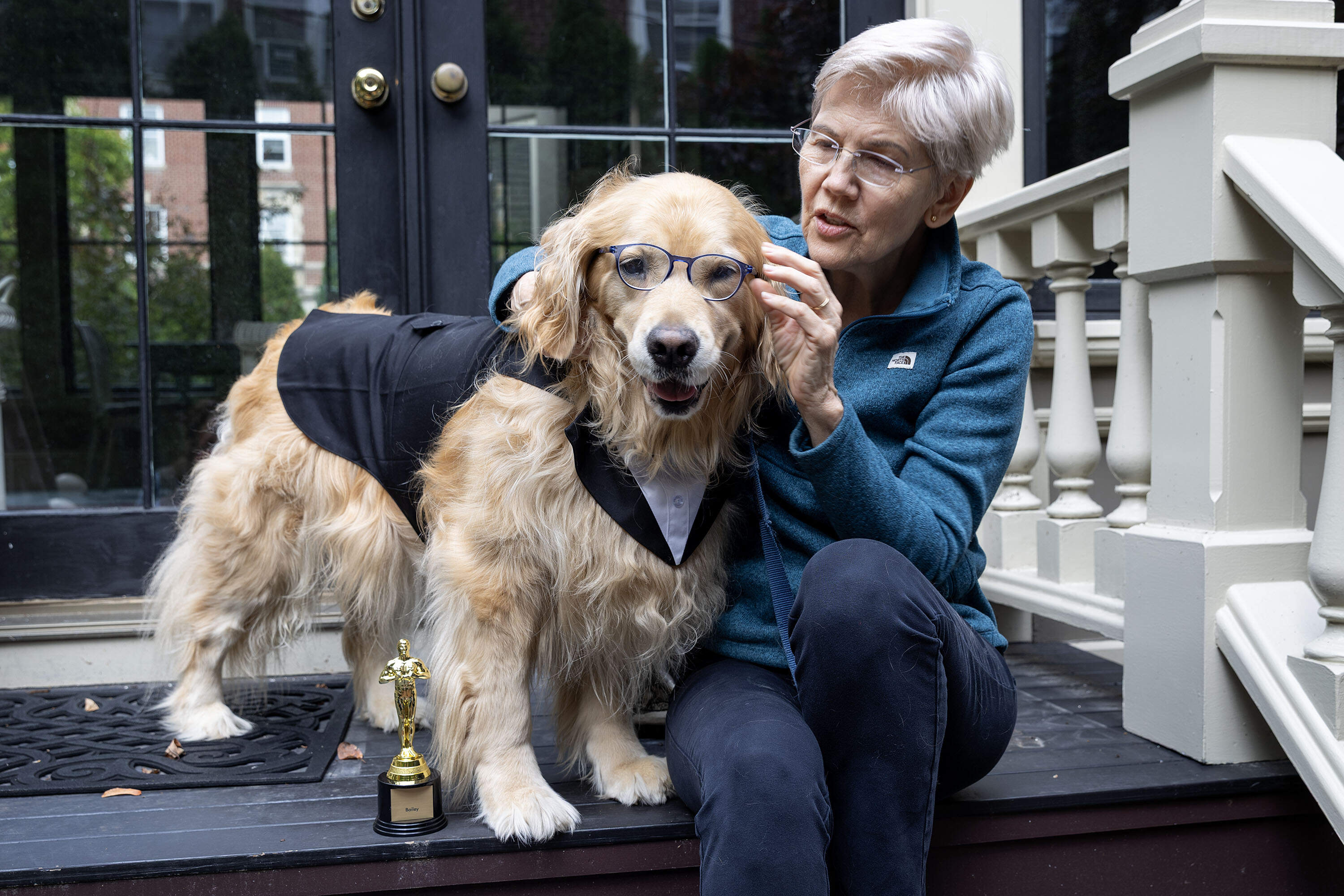 Bailey, Sen. Elizabeth Warren's dog, will be dressing as Stephen Colbert for Halloween this year. (Robin Lubbock/WBUR)