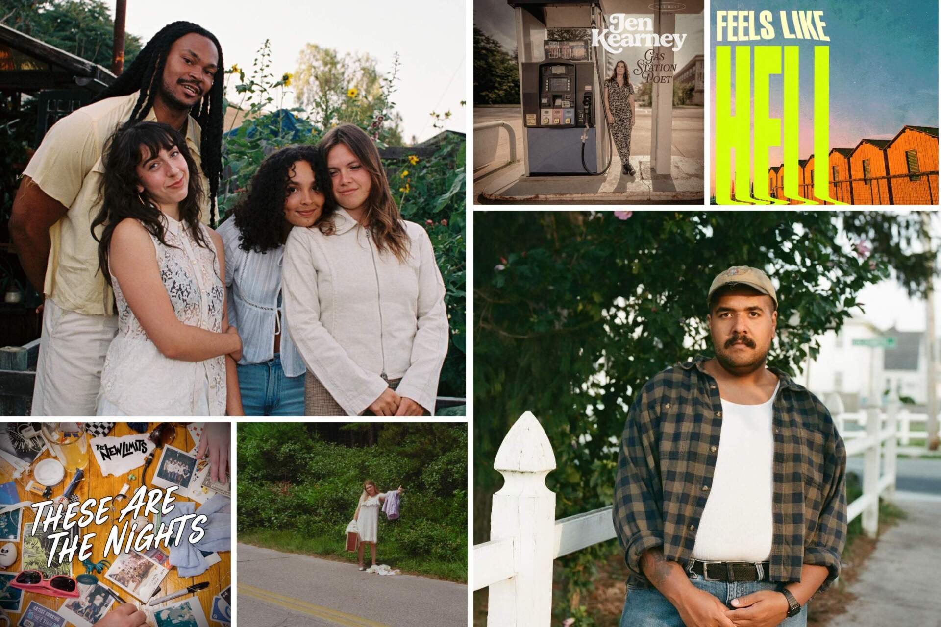 Album covers clockwise from top left: Hohnen Ford and Tiny Habits' "Skylight" (Courtesy Caity Krone); Jen Kearney's "Gas Station Poet" (Photo by Lisa Dragani, cover art by Nicole Anguish); Weakened Friends' "Feels Like Hell" (Courtesy Sonia Sturino); dot Dev's "There Was a Wind, But No Chime" (Courtesy Elise Magnole); Emmie Kelly's "Mary" (Courtesy Miles LeGrow); and The New Limits' "These Are The Nights" (Art direction by Michaela Olson, photography by Shannon Broderick).