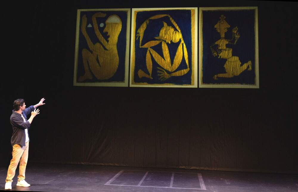 Sam Kissajukian onstage during a performance of "300 Paintings" at A.R.T. (Courtesy Evgenia Eliseeva)