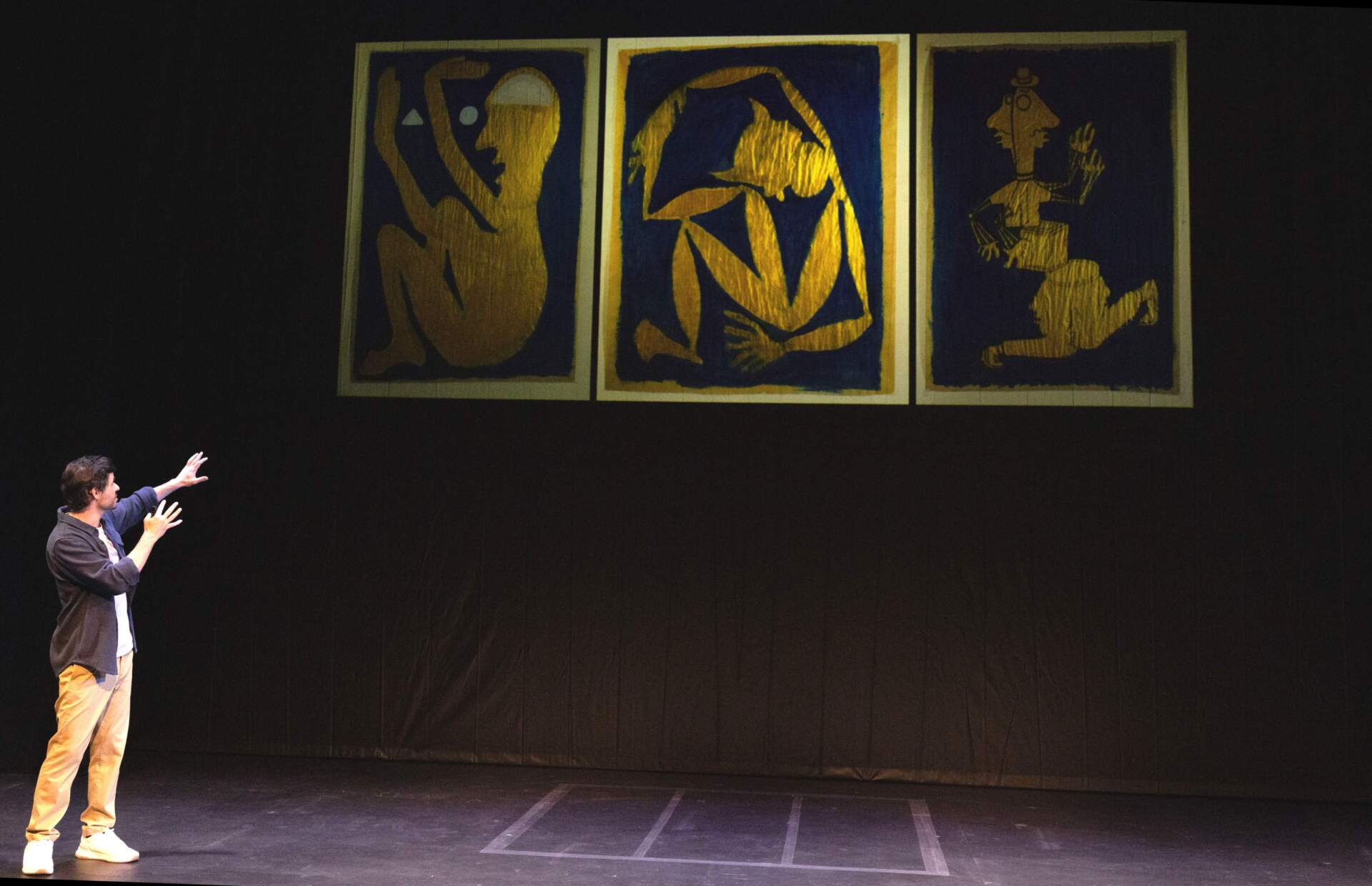 Sam Kissajukian onstage during a performance of "300 Paintings" at A.R.T. (Courtesy Evgenia Eliseeva)