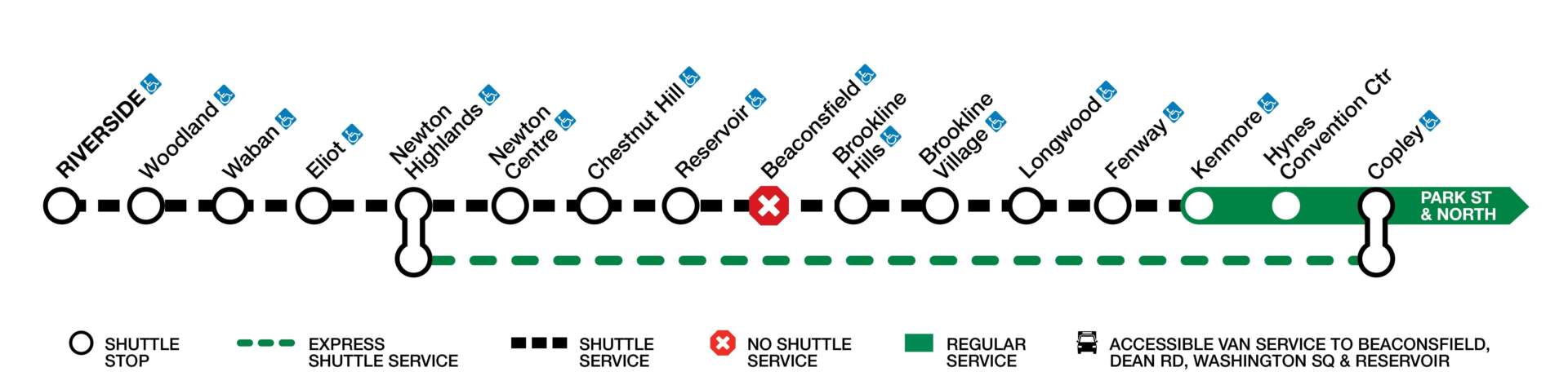 Beginning at 8 p.m. on Oct. 24 and continuing through Oct. 31, shuttles will replace service on the Green Line's D branch between Riverside and Kenmore. (MBTA)