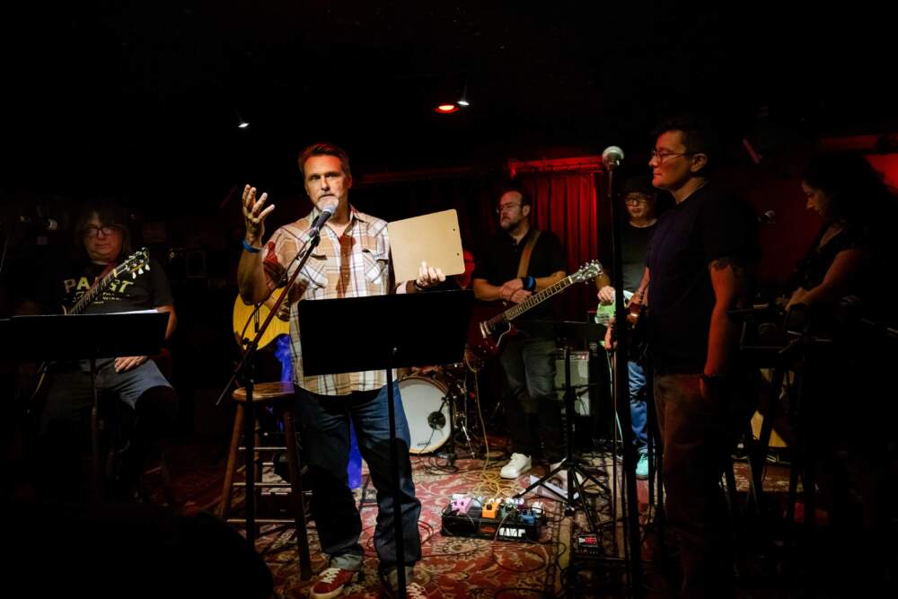 James Sullivan addresses the audience at "Which Side?" on Aug. 13 at the Lizard Lounge in Cambridge. (Courtesy Mike Ritter)