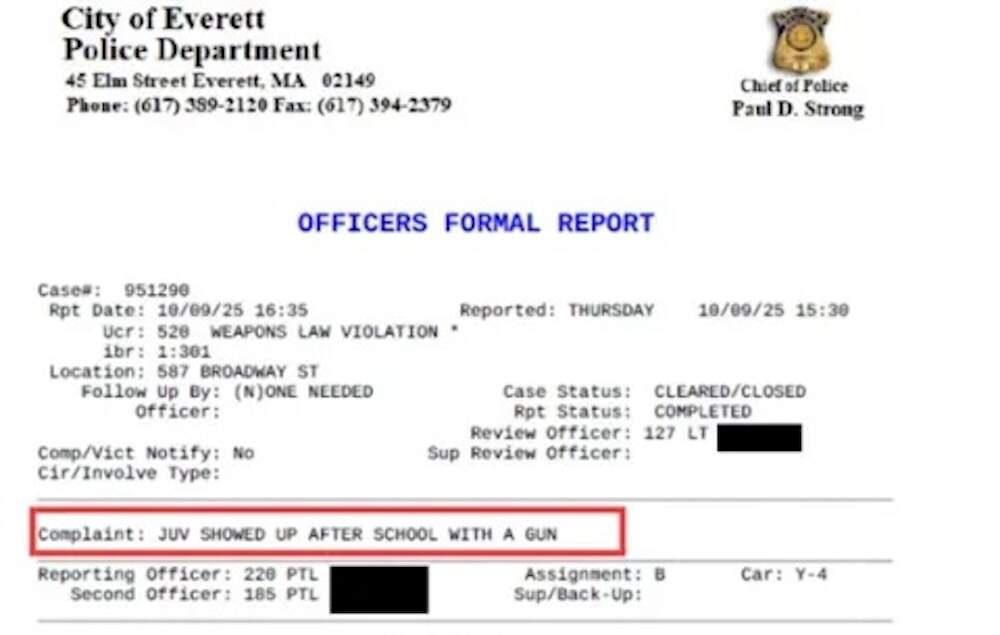 The Department of Homeland Security provided an annotated image of an Everett Police Department report on the arrest of a 13-year-old boy. WBUR has cropped the image to remove the boy's name and photo due to his age and WBUR’s policy regarding minors. (Image courtesy DHS)